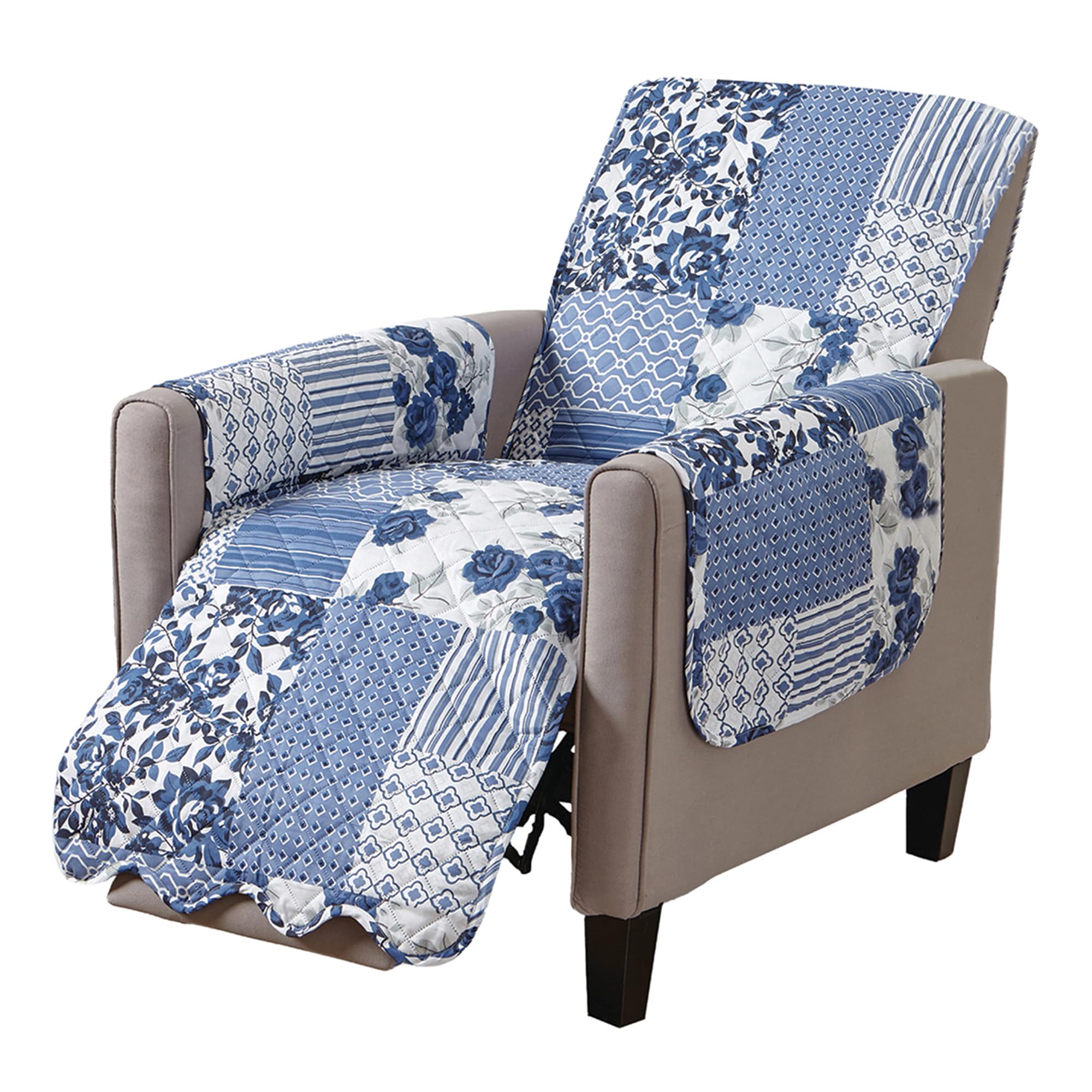 Fabibe - Reversible Patchwork Recliner Chair Cover - Washable Slipcover Furniture Protector with Elastic Straps - Couch - 03- Patchwork - Navy Recliner