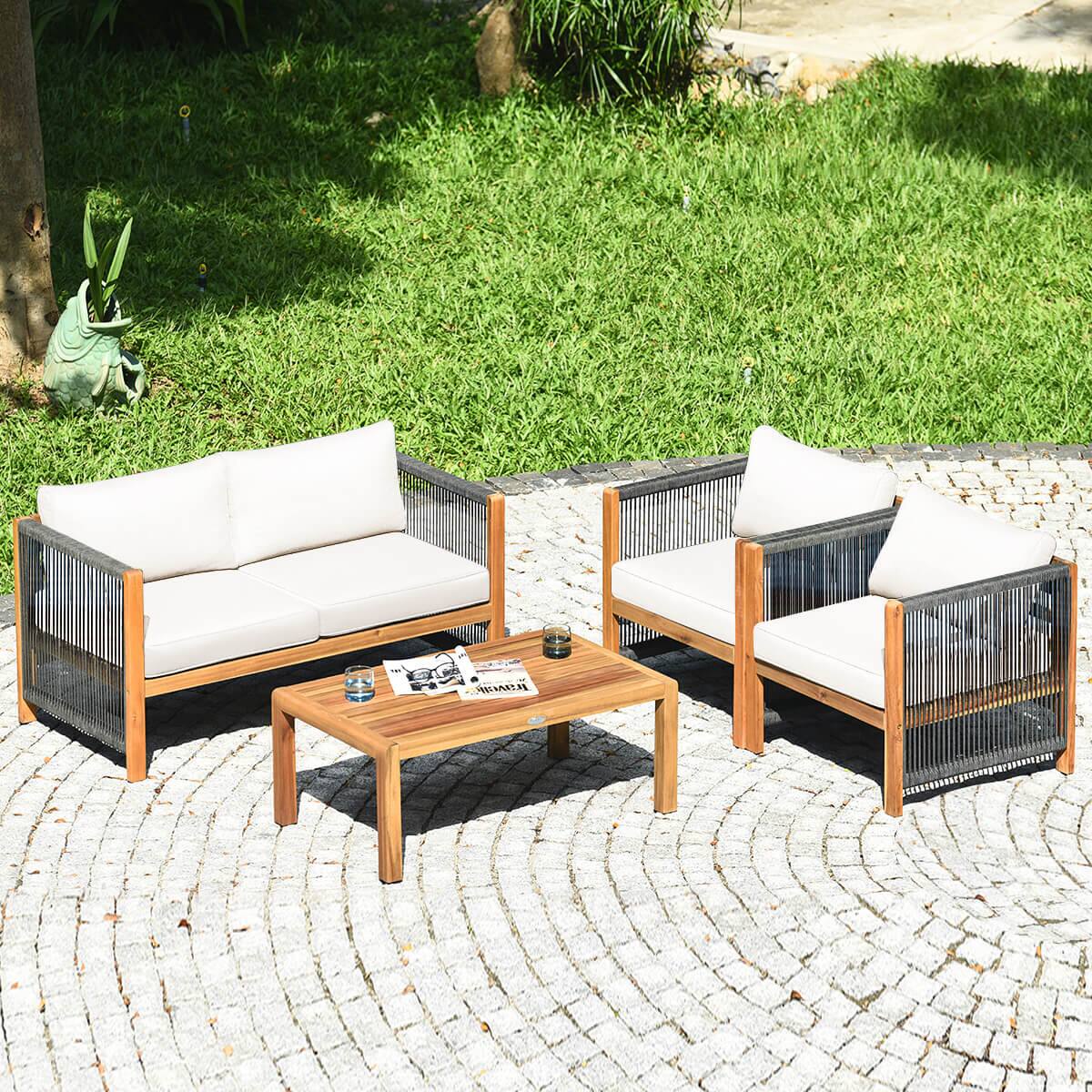 Alt View 3. Costway - Costway 8 PCS Wood Outdoor Patio Furniture Set with Cushions White Turquoise Cushion Cover Sets - Turquoise.