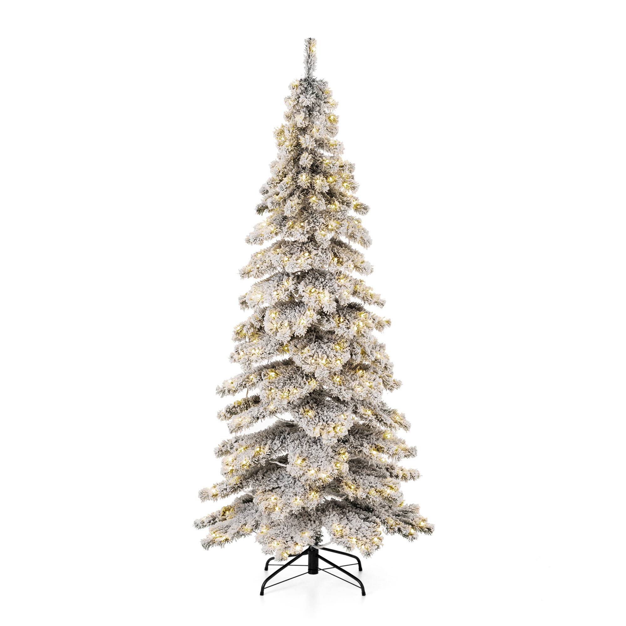 Angle. Glitzhome - 7.5ft Pre-Lit Flocked Layered Slim Spruce Artificial Christmas Tree with 350 Lights - White.
