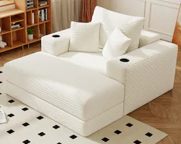 GRANDJOY - 62" 3‑in‑1 Corduroy Chaise Lounge Chair, Convertible Sleeper Sofa Bed & Recliner for Living Room - Beige