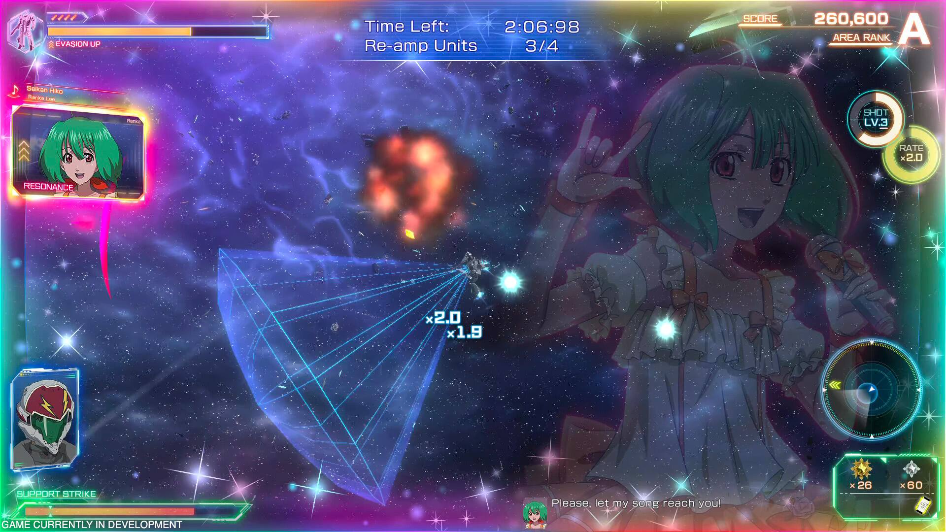 The text on the image reads:
"Evasion UP Time Left: 2:06:98 Re-amp Units 3/4 SCORE 260,600 AREA RANK A Seikan Hiko Ranka Les Flanica SHOT LV.3 RATE x2.0 RESONANCE x2.0 x1.9 SUPPORT STRIKE GAME CURRENTLY IN DEVELOPMENT Please, let my song reach you! As I x 26 x 60"