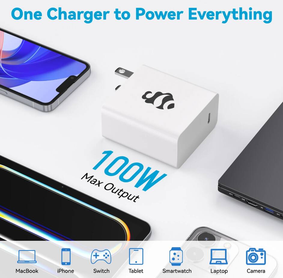 One Charger to Power Everything

100W Max Output

MacBook iPhone Switch Tablet Smartwatch Laptop Camera