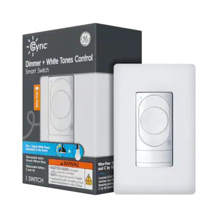 Cync Dimmer + White Tones Control Smart Switch
Wire-free
Dim + Adjust White Tones Anywhere in the Room
Removable Switch Mounts Without Wires
Replaceable Battery - 2 year life
1 SWITCH
WARNING: INGESTION HAZARD - This product contains a button cell or coin battery. A swallowed button cell can cause serious injury or death. Internal Chemical Burns can occur as little as 2 hours.
Wire-Free and C by GE Switches Requires pairing with C by GE products
Controls C by GE Cync and C by GE products