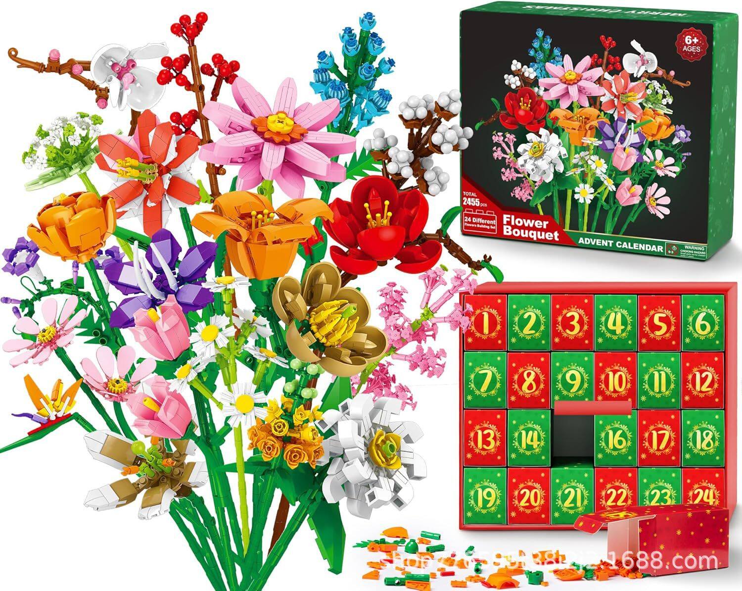 Sure, here is the corrected and grouped text from the image:
---
**Top Left:**
- AAN Wr 6+ AGES TOTAL 2455
**Top Center:**
- 24 Different Flower Bouquet
**Top Right:**
- 6+ AGES
- Flower Bouquet
- ADVENT CALENDAR
- TOTAL 2455 PCS
- 24 Different Flowers
- WARNING: CHOKING HAZARD - Small parts. Not for children under 3 years.
**Bottom Right:**
- 1688.com
**Calendar:**
- 1 2 3 4 5 6
- 7 8 9 10 11 12
- 13 14 15 16 17 18
- 19 20 21 22 23 24