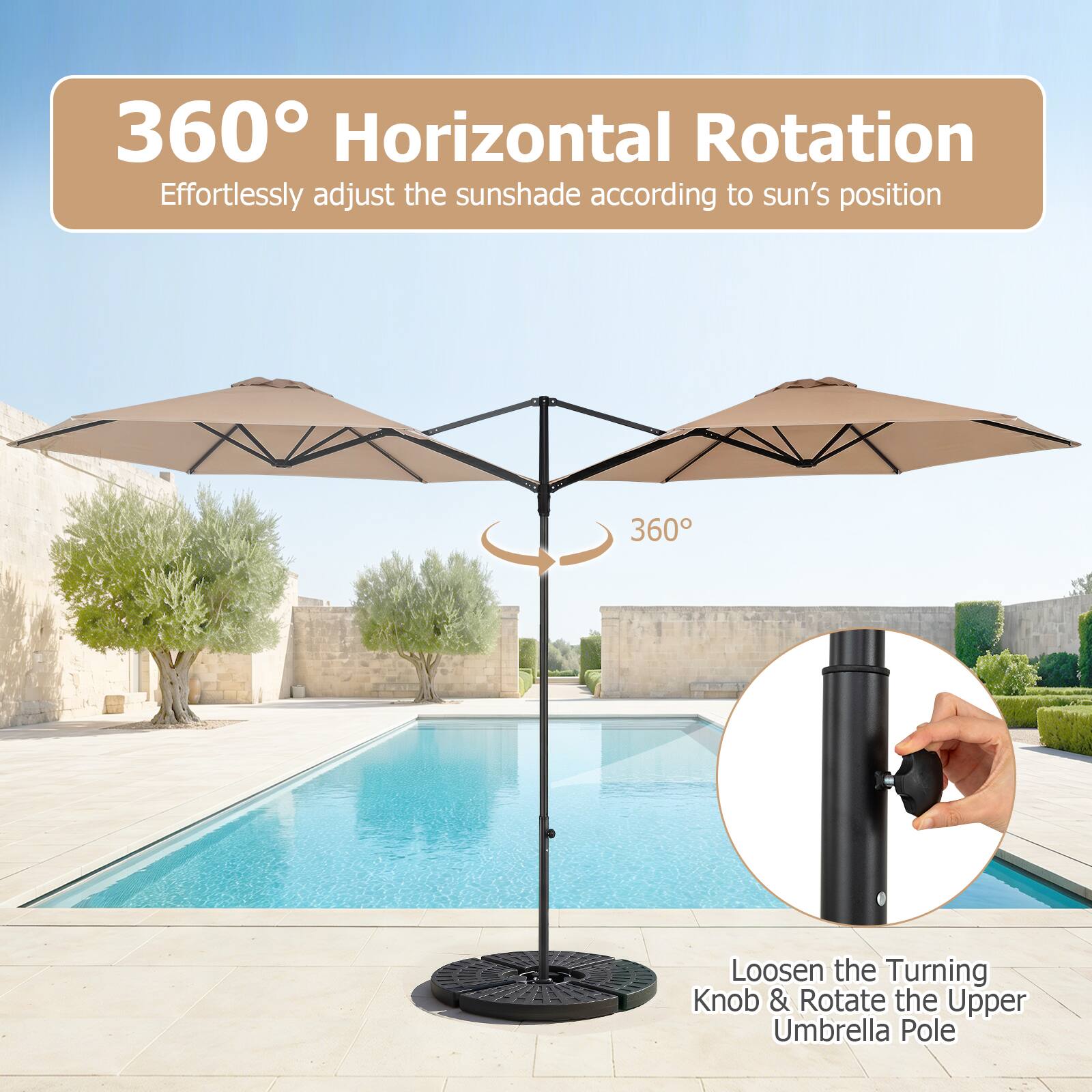 360° Horizontal Rotation  
Effortlessly adjust the sunshade according to sun's position  

Loosen the Turning Knob & Rotate the Upper Umbrella Pole