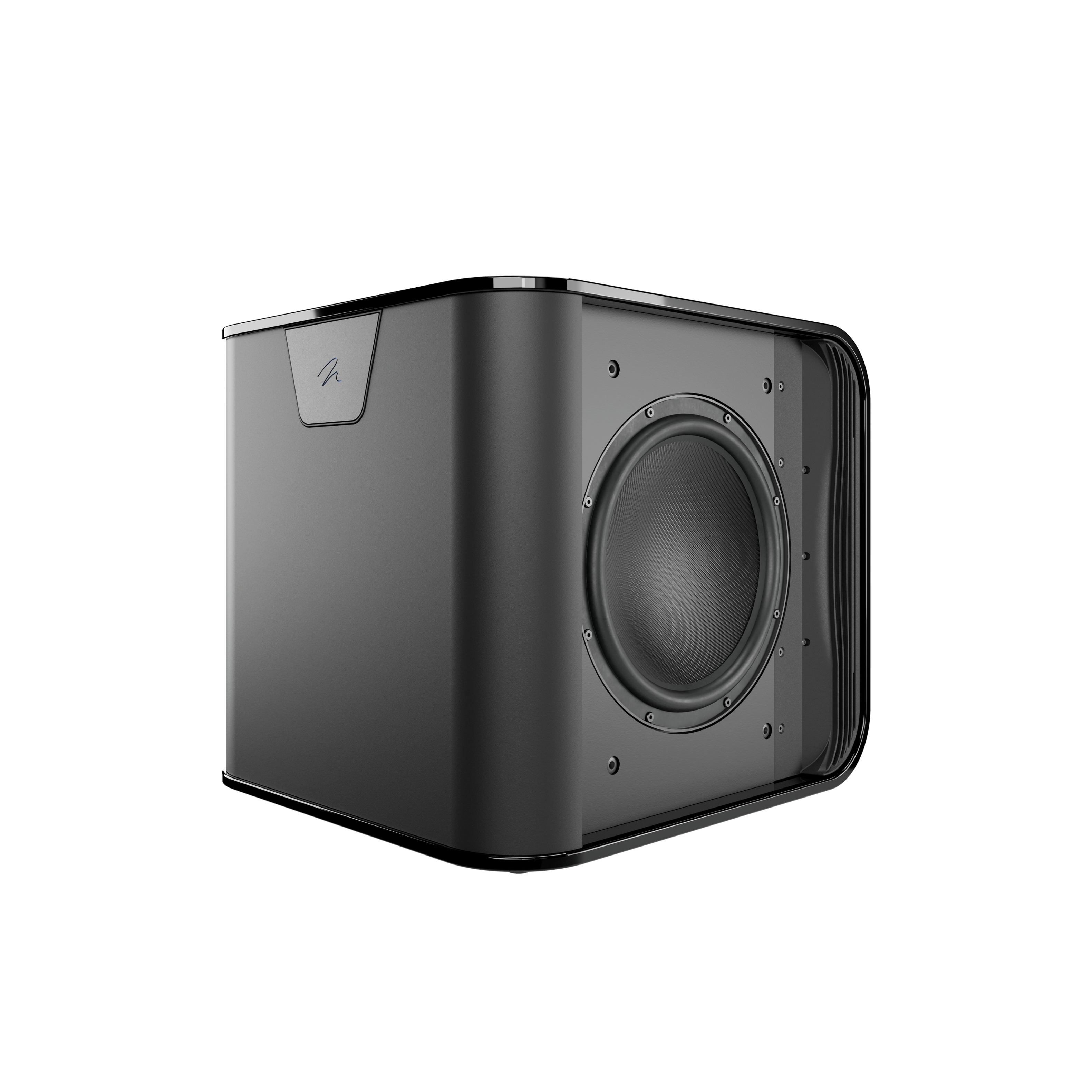 Angle. MartinLogan - Depth 212, Dual 12” 2.2kW Powered Subwoofer, with BalancedForce Technology, Sub Control App, and Wireless Built-In - Gloss Black.