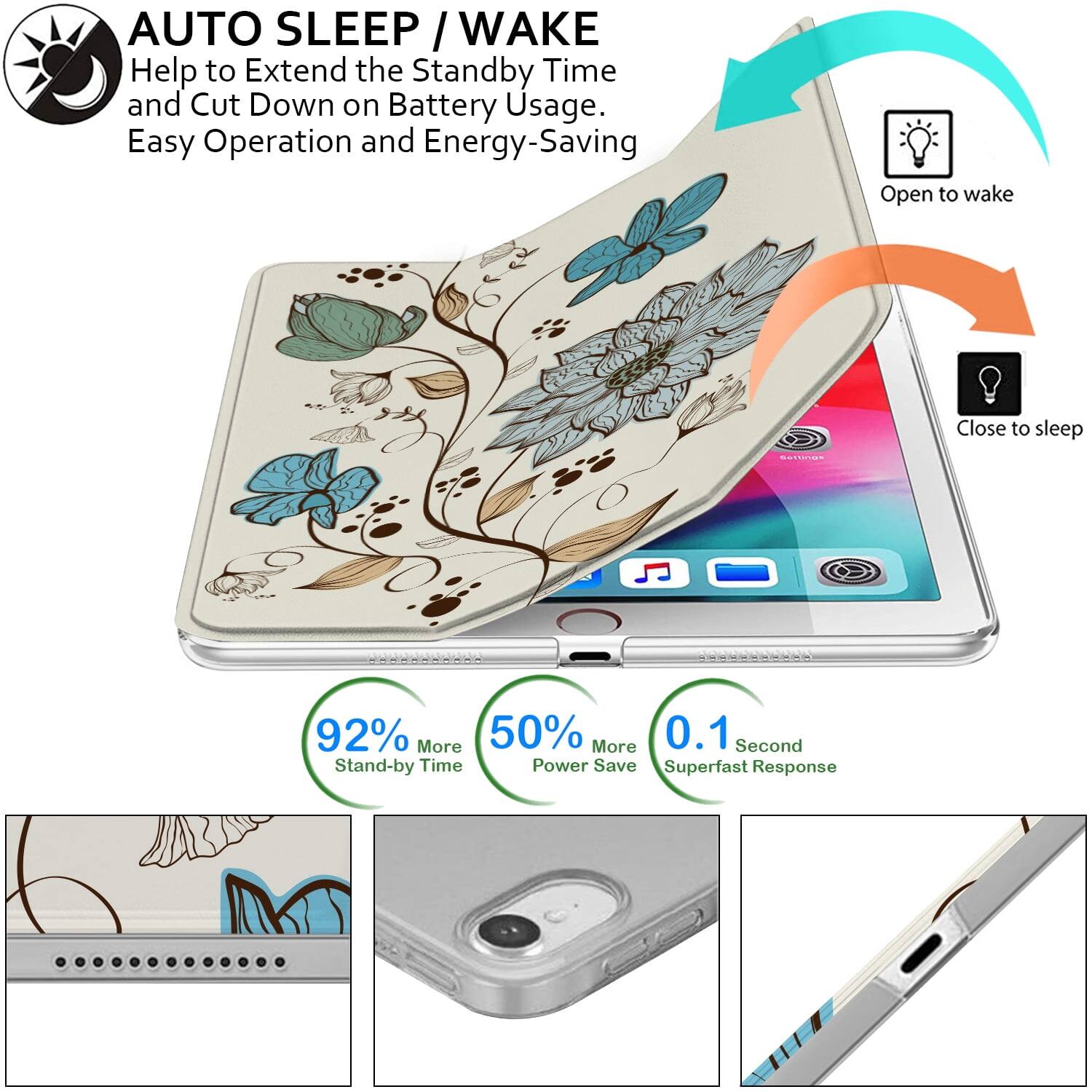 AUTO SLEEP / WAKE  
Help to Extend the Standby Time and Cut Down on Battery Usage.  
Easy Operation and Energy-Saving  

Open to wake  
Close to sleep  

92% More Stand-by Time  
50% More Power Save  
0.1 Second Superfast Response
