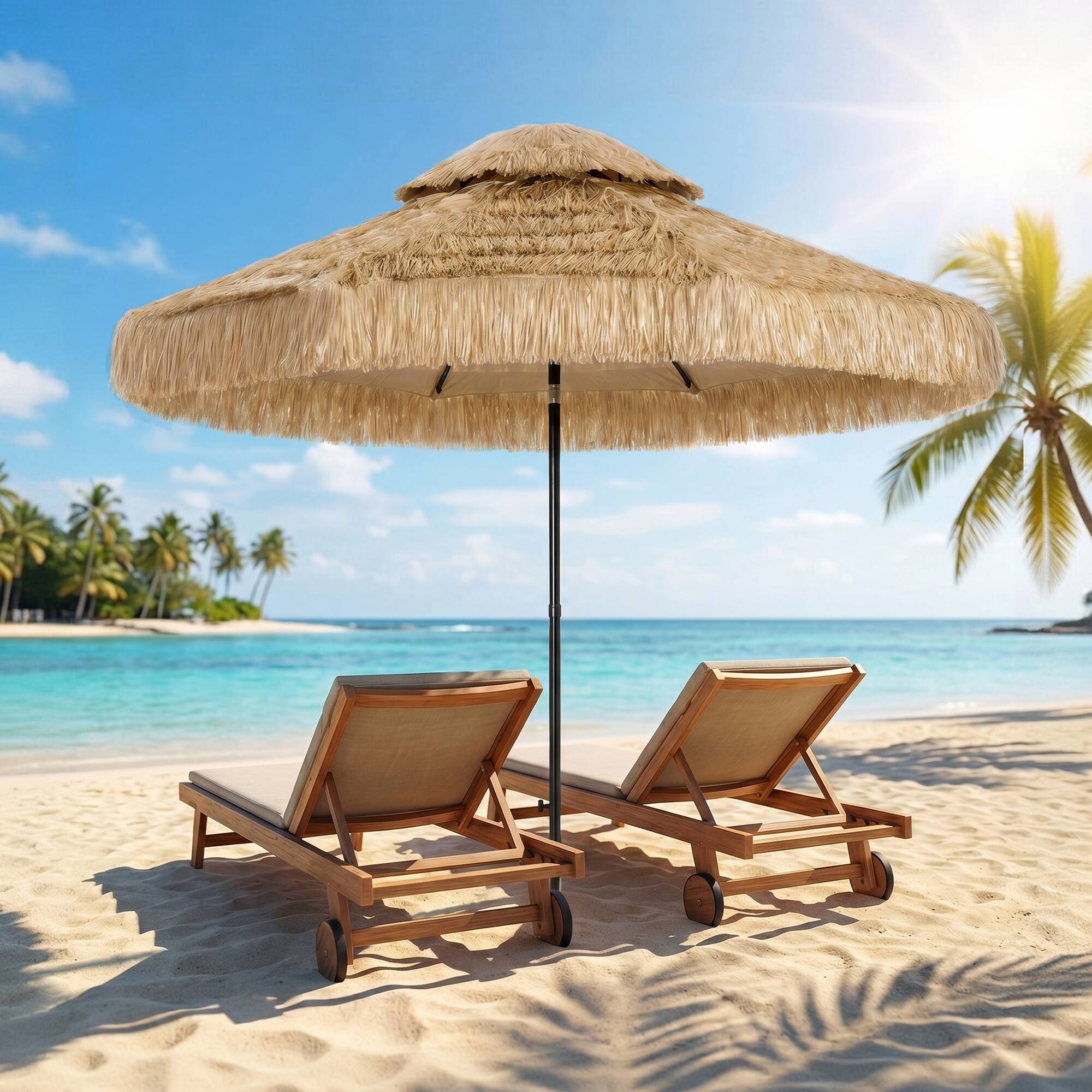 Alt View 1. Outsunny - FT Hula Thatched Tiki Patio Umbrella, 2-Tier Tropical Hawaiian Style Outdoor Umbrella with 8 Ribs - Khaki.