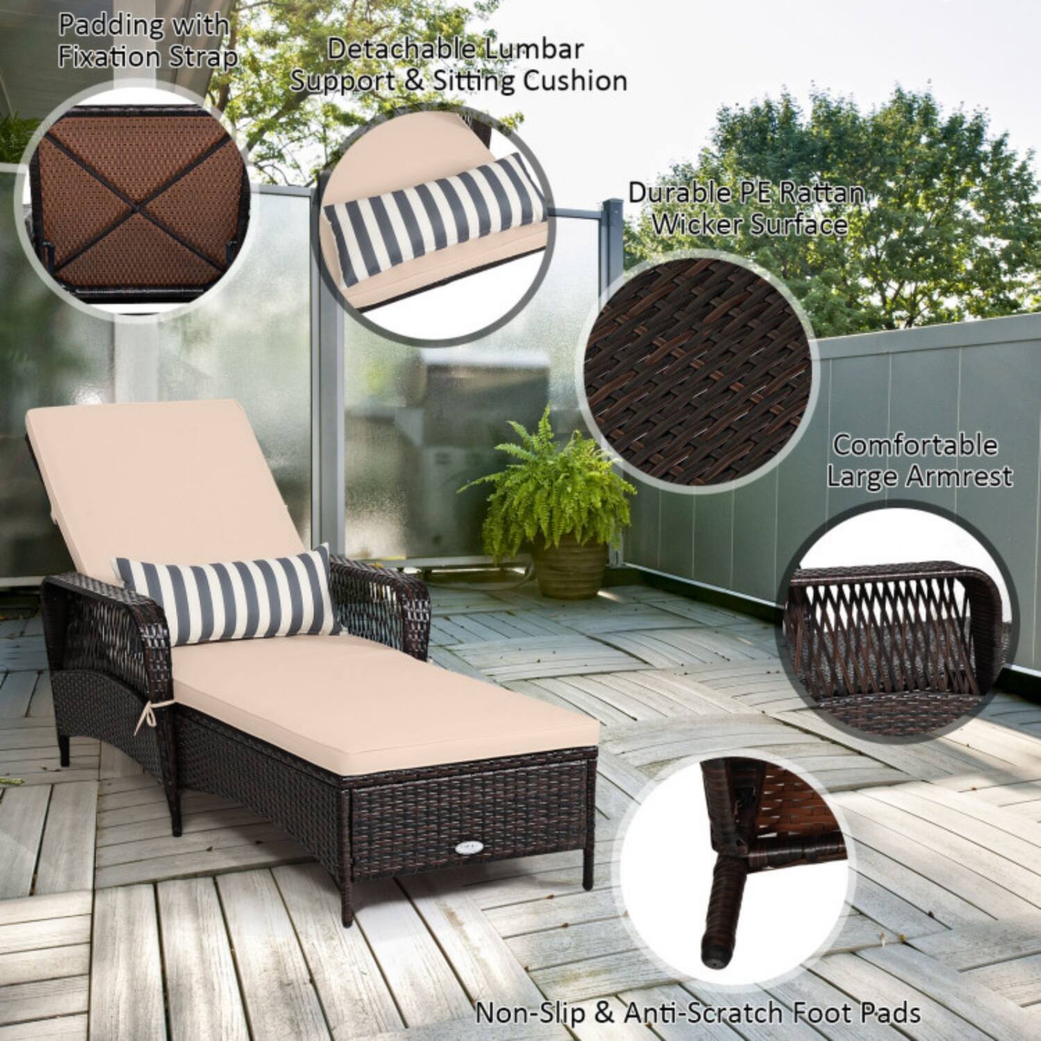 - Padding with Fixation Strap
- Detachable Lumbar Support & Sitting Cushion
- Durable PE Rattan Wicker Surface
- Comfortable Large Armrest
- Non-Slip & Anti-Scratch Foot Pads