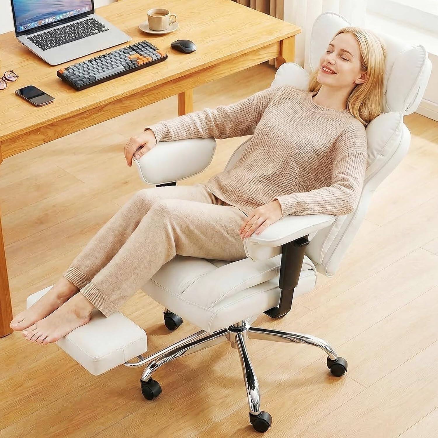 Angle. Sweet - High Back Executive Office Chair with Footrest and Adjustable Armrests , Big and Tall PU Leather Gaming Chair, Beige - Beige.