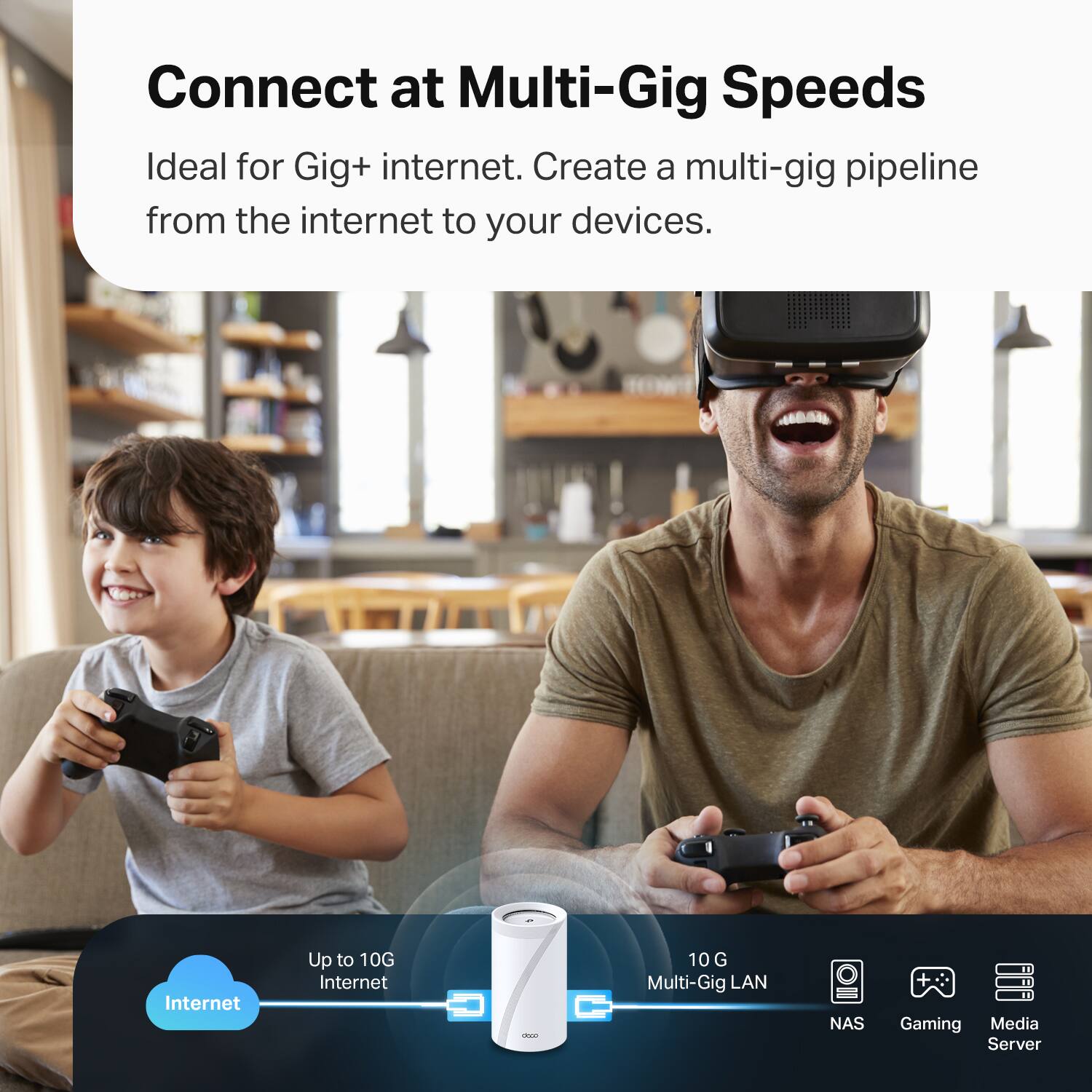 Connect at Multi-Gig Speeds

Ideal for Gig+ internet. Create a multi-gig pipeline from the internet to your devices.

- Up to 10G Internet
- 10G Multi-Gig LAN
- NAS
- Gaming
- Media Server