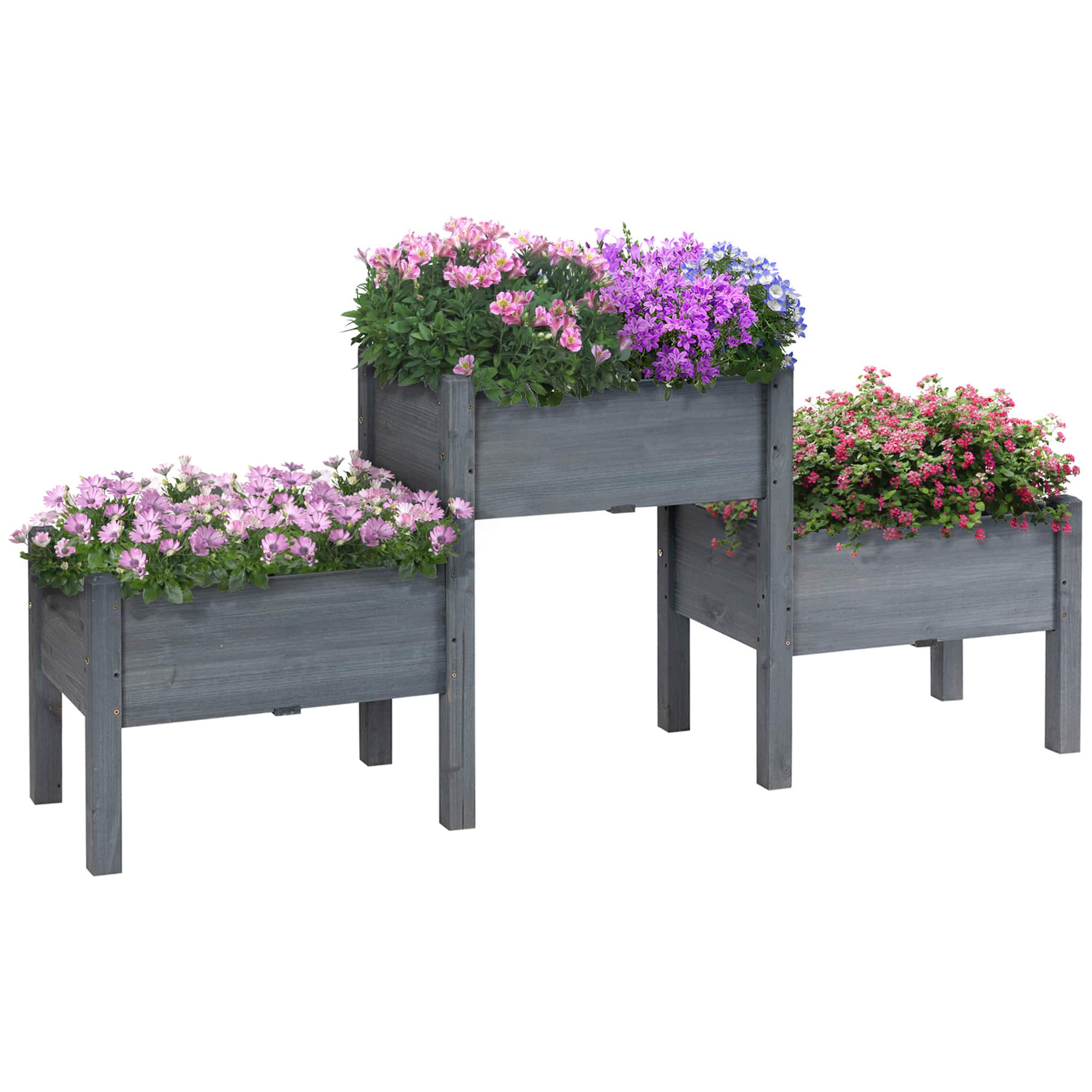 Outsunny - Raised Garden Bed with 3 Planter Box, Elevated Wooden Plant Stand with Drainage Holes - Gray