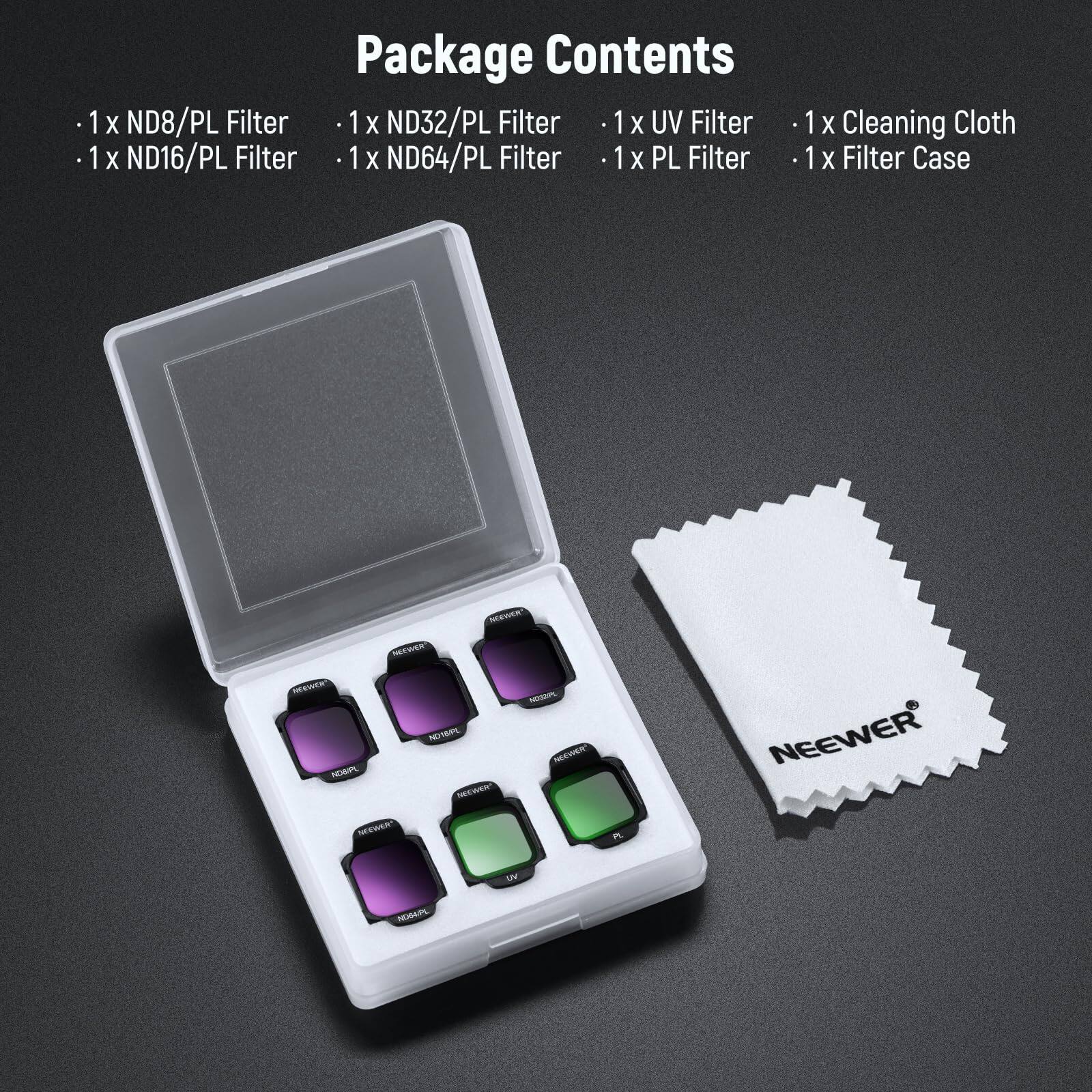 Package Contents

- 1 x ND8/PL Filter
- 1 x ND16/PL Filter
- 1 x ND32/PL Filter
- 1 x ND64/PL Filter
- 1 x UV Filter
- 1 x PL Filter
- 1 x Cleaning Cloth
- 1 x Filter Case