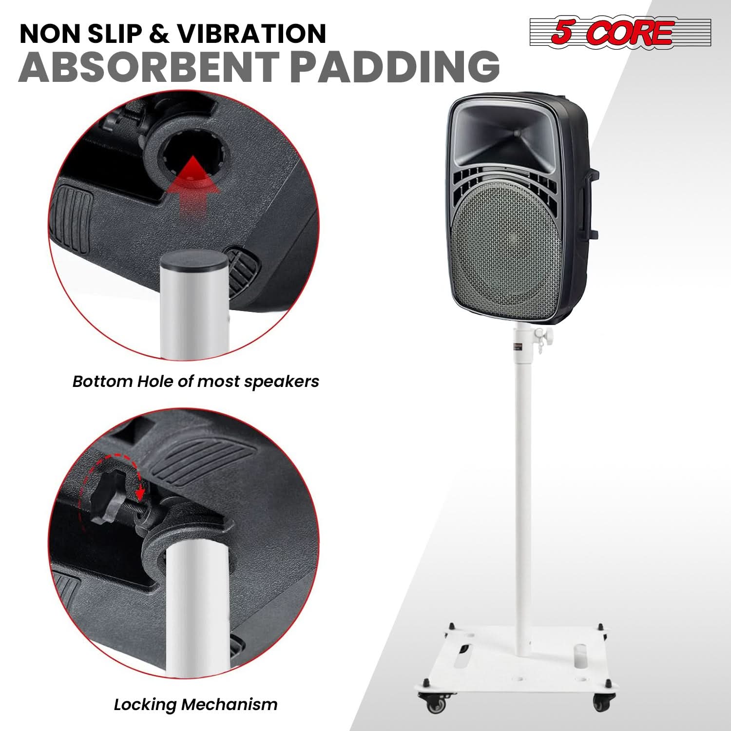 NON SLIP & VIBRATION ABSORBENT PADDING

5 CORE

Bottom Hole of most speakers

Locking Mechanism