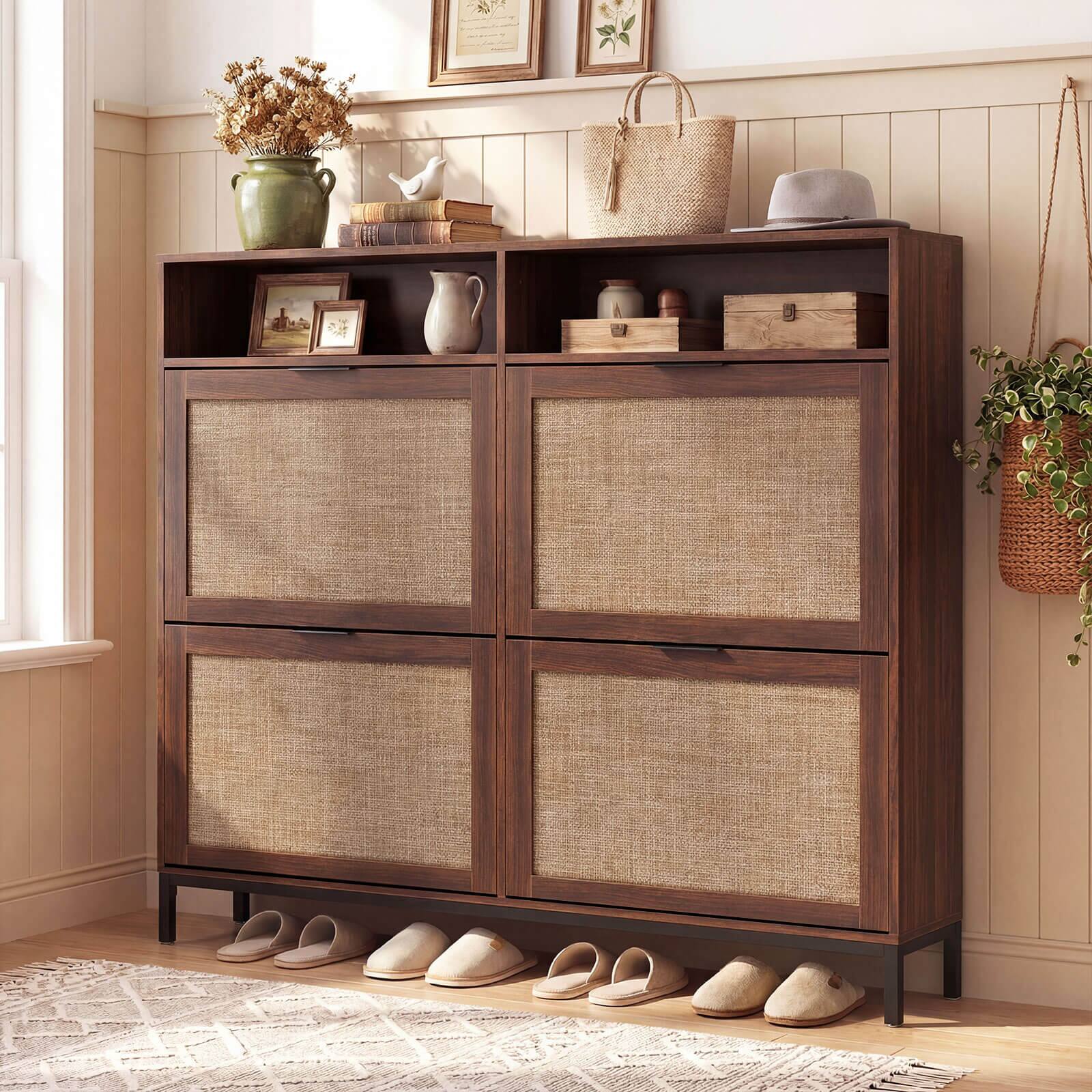 Alt View 1. Costway - Costway Shoe Storage Cabinet with 4 Flip Drawers, Adjustable Shelves, Open Compartments - Brown.