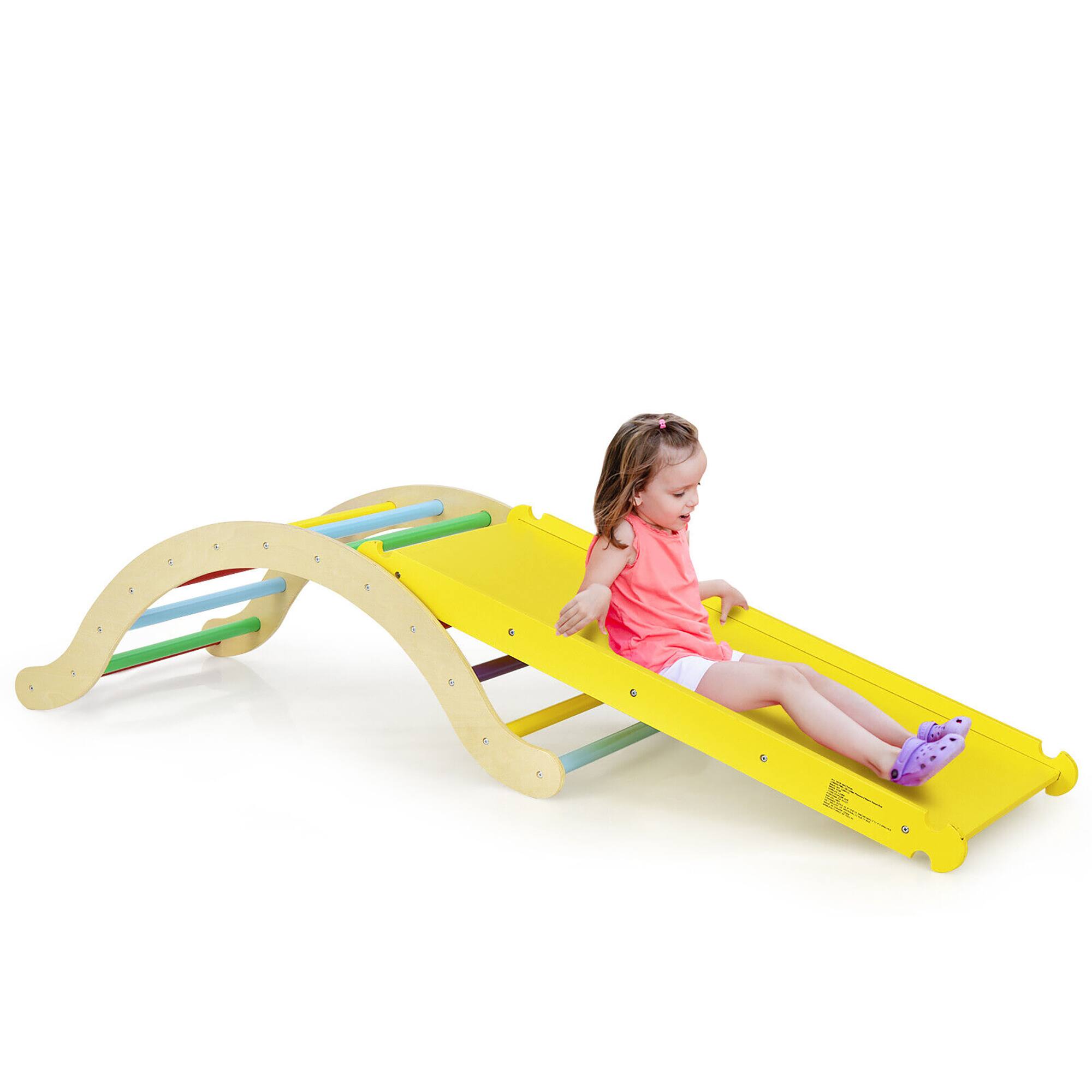 Front. Gymax - Gymax 3-in-1 Kids Climber Set Wooden Arch Triangle Rocker w/ Blue & Ramp Mat - Other.