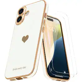Entronix - iPhone 16 Plus Bundle - Flexible Glossy Heart Case with 2 Clear Screen Protectors - White