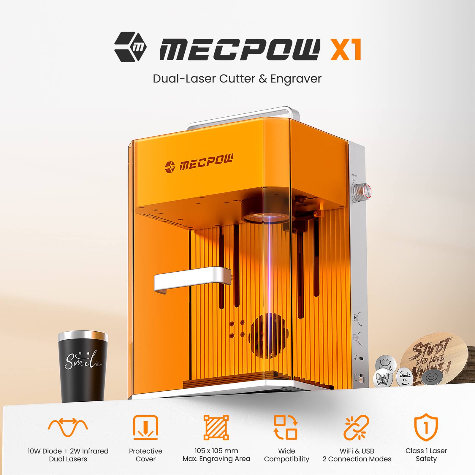 MECPOW X1  
Dual-Laser Cutter & Engraver  

- 10W Diode + 2W Infrared Dual Lasers  
- Protective Cover  
- 105 x 105 mm Max. Engraving Area  
- Wide Compatibility  
- WiFi & USB 2 Connection Modes  
- Class 1 Laser Safety