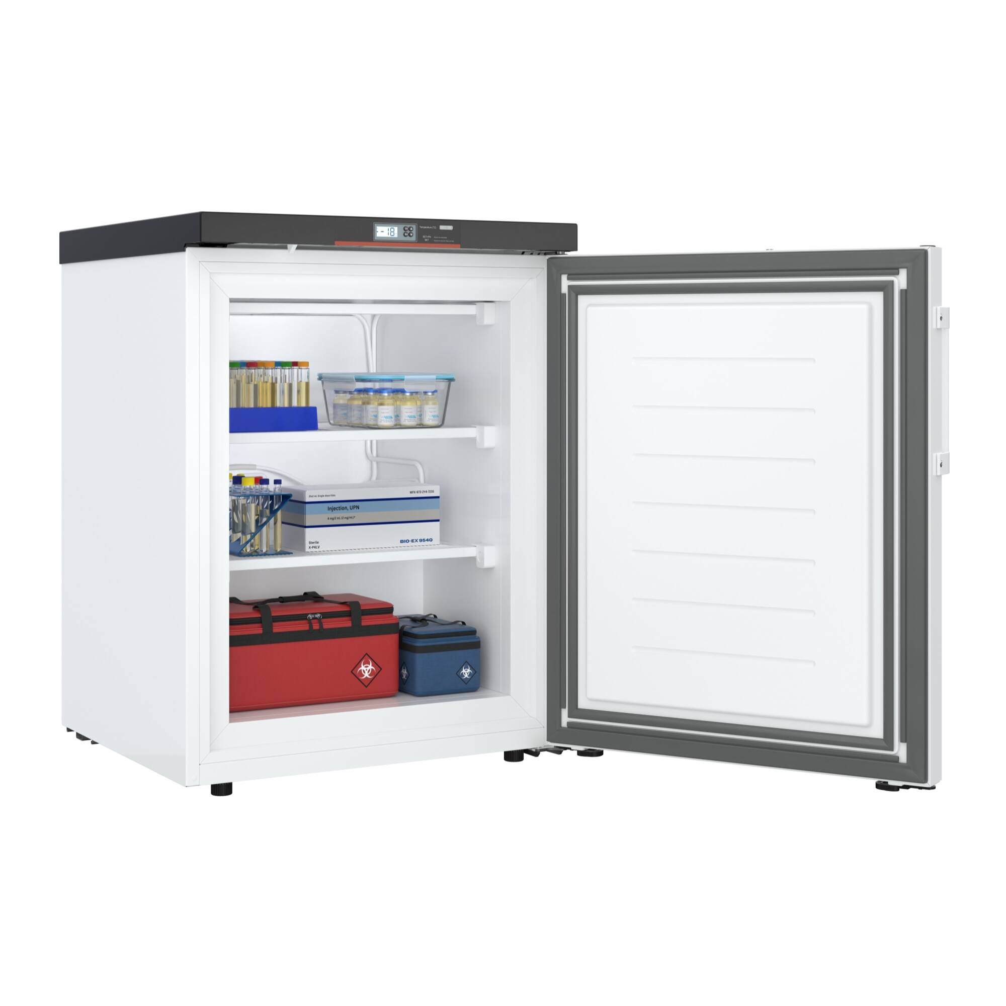Left. Koolmore - 24 in. -25 C Undercounter Medical Freezer For Pharmacy With Dynamic Freeze, LED Display, Multi-Level Emergency Alarms - Stainless steel.