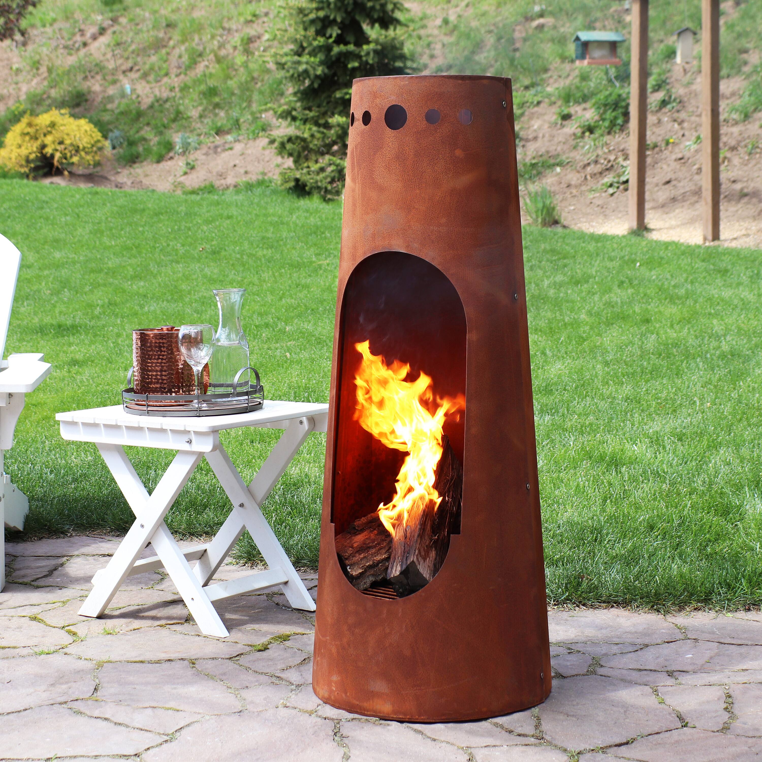 Alt View 7. Sunnydaze - 50 in Santa Fe Wood Burning Chiminea Fire Pit with Log Grate - Dark Orange.