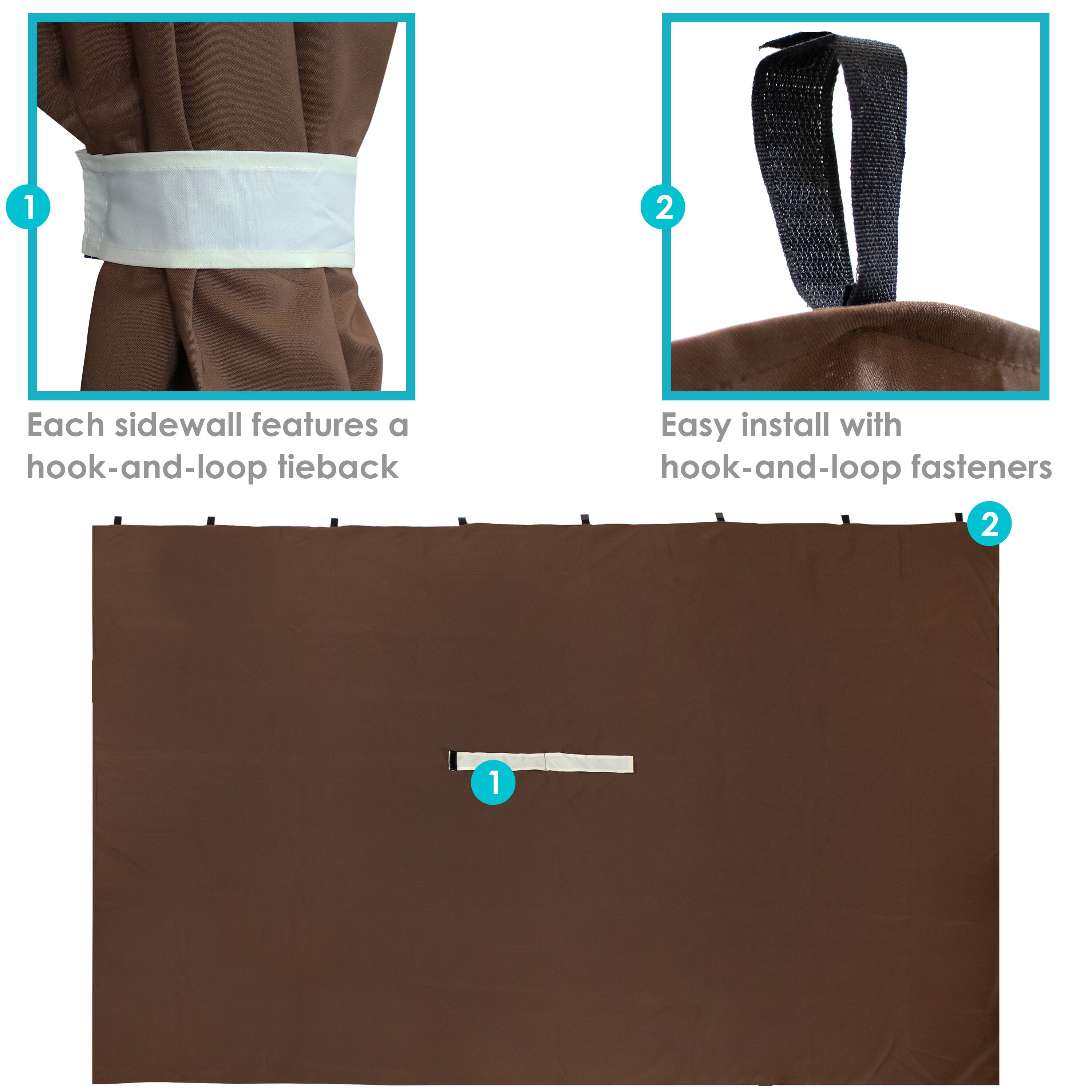 1. Each sidewall features a hook-and-loop tieback.

2. Easy install with hook-and-loop fasteners.