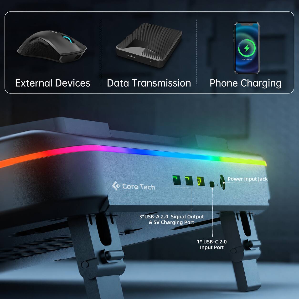 /Charged

External Devices Data Transmission Phone Charging

Core Tech

Power Input Jack

3*USB-A 2.0 Signal Output & 5V Charging Port

1* USB-C 2.0 Input Port