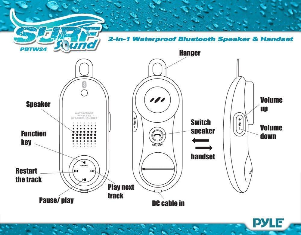 SURE 2-in-1 Waterproof Bluetooth Speaker & Handset PBTW24  
Sound Hanger  
Speaker Function key  
WATERPROOF WIRELESS SPEAKER-HANDSET  
I ON / OFF Switch speaker Vol Volume up Volume down handset O/ET Restart H44  
the track +Il Pause/ play Play next track DC cable in PYLE