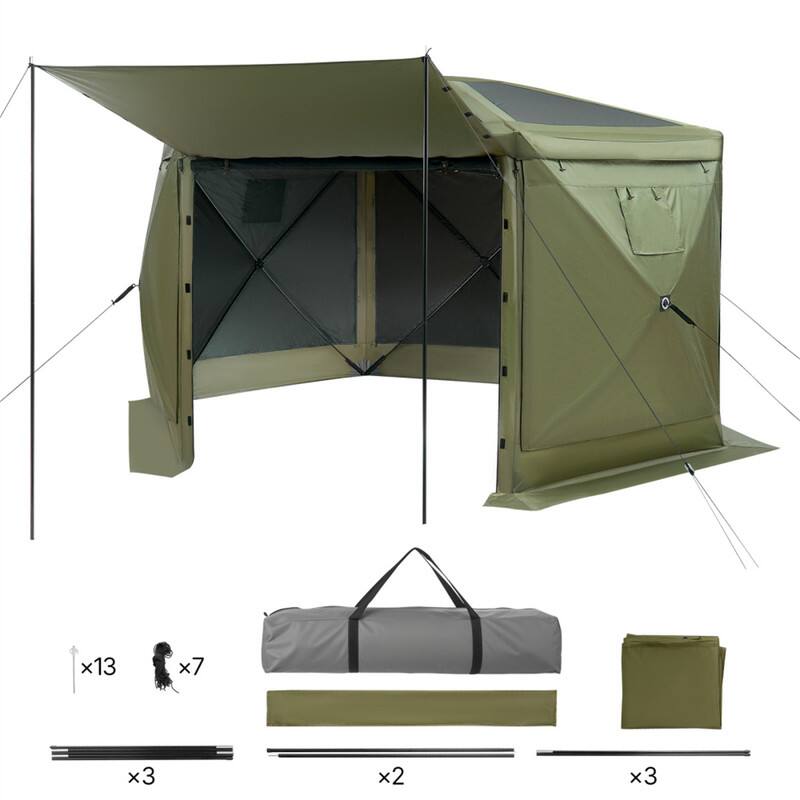 Angle. HTUTWOO - Pop up Gazebo Screen Tent - 12 x 12 ft Large 6-Sided Camping Canopy Tent, Removable Top & Carry Bag for 8-10 Persons - Army Green.