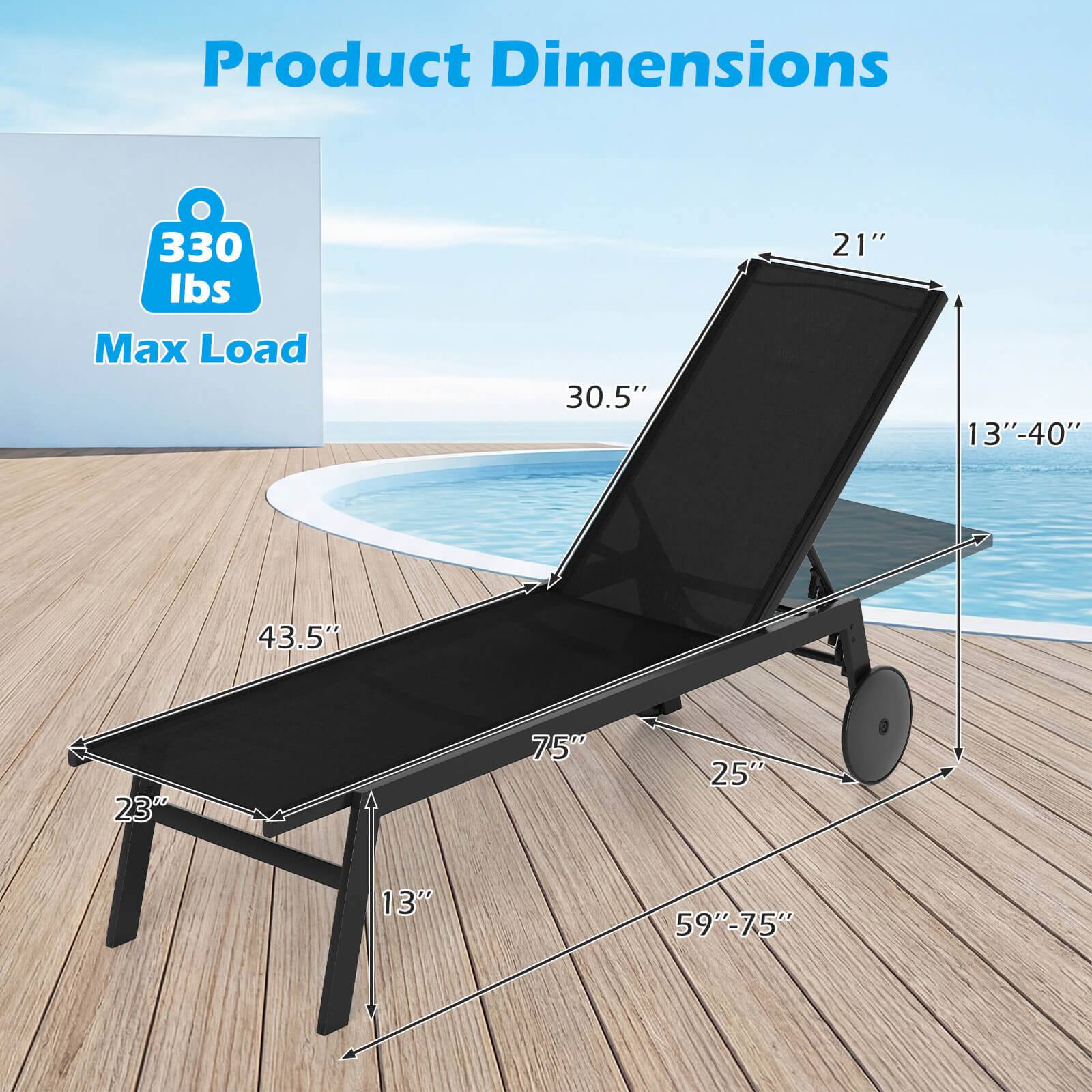 Product Dimensions  
330 lbs Max Load  
30.5" x 21" x 13"-40"  
43.5" x 23" x 25" x 13"  
59"-75"