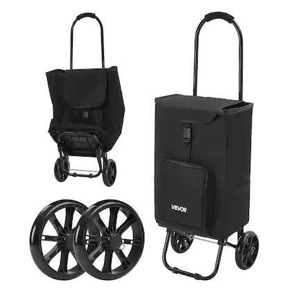 Front. VEVOR - Shopping Cart with Wheels Foldable Trolley Dolly for Groceries Black, 2-in-1 Rolling Utility Cart with Detachable Bag - Black.