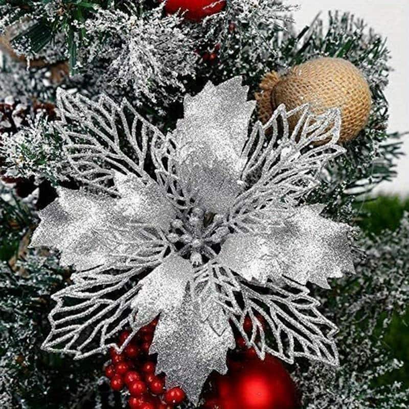 Oumilen - 10 Pcs Silver Glitter Poinsettia Flowers – Hollow Xmas Ornaments with Stems for Wreath Garland Holiday Decor