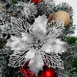 Oumilen - 10 Pcs Silver Glitter Poinsettia Flowers – Hollow Xmas Ornaments with Stems for Wreath Garland Holiday Decor