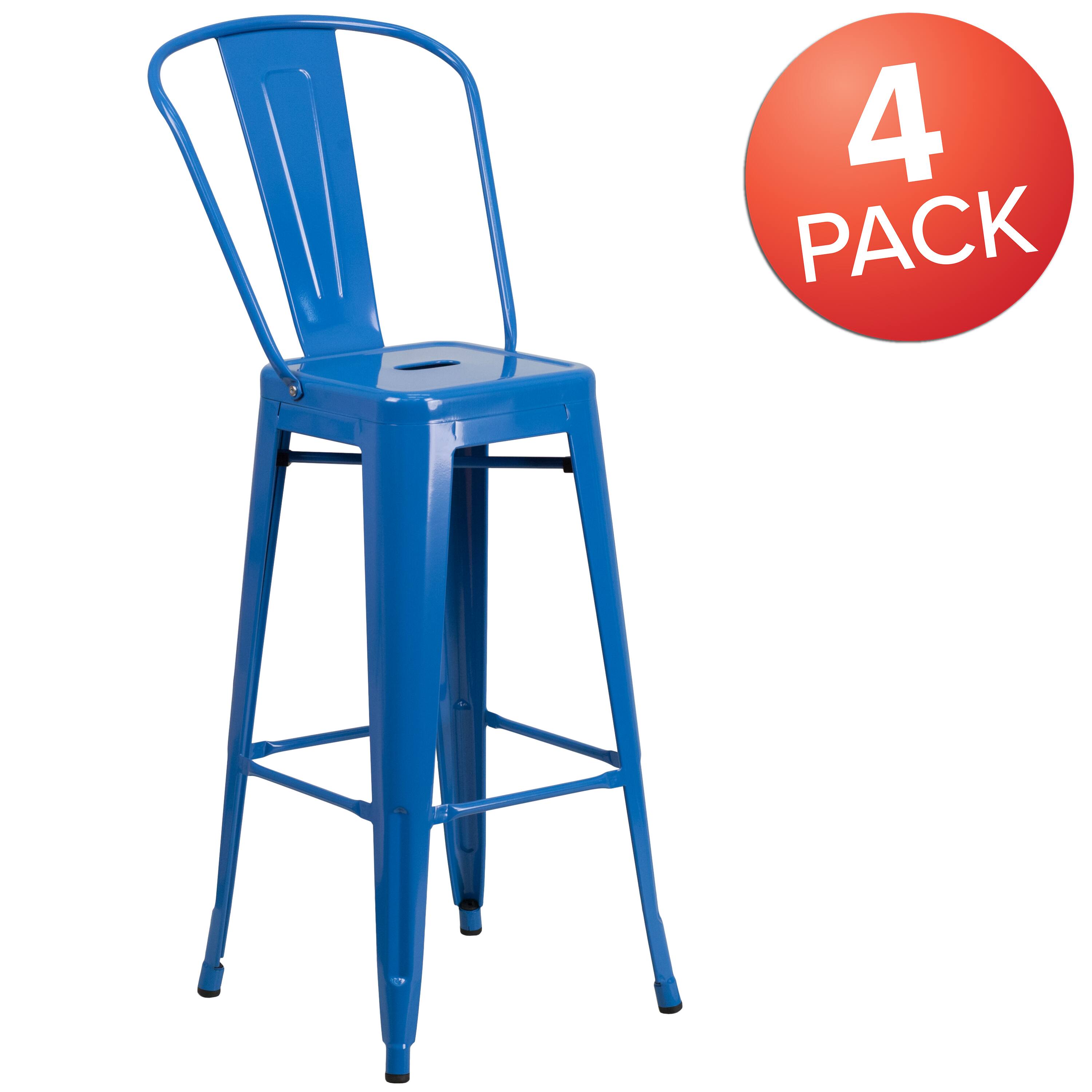 Alt View 1. Emma + Oliver - Commercial Grade 4 Pack 30" High Metal Indoor-Outdoor Barstool with Back - Blue.