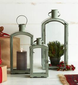 BreeBe - Distressed Metal Lantern with Curved Top (Set of 3) - Blue