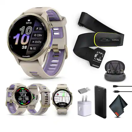 Sure, here is the corrected and grouped text from the image:
---
**Top Left Watch:**
- SAT 01
- 10
- 36
- 23hr
- 8:47p
- 38
- Vle 52
- BACK-LAP
- GARMIN
**Bottom Left Watch:**
- -50.3
- 11.4
- 247
- 180
- 7.3
- GARMIN
**Bottom Center Watch:**
- 308 ft
- GARMIN
**Other Items:**
- GARMIN
- USB-C Cable
- USB Adapter
- Portable Charger
- Cleaning Cloth
- Earbuds
- Watch Bands
---