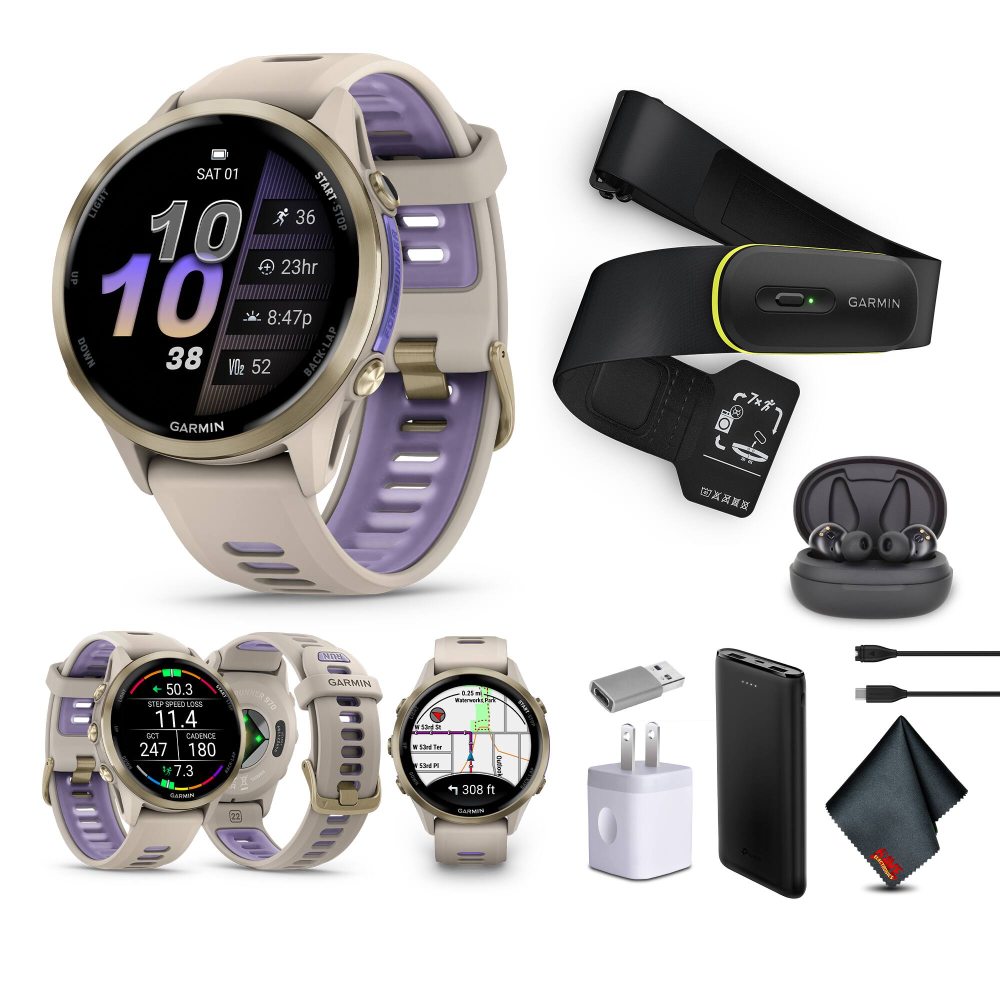 Sure, here is the corrected and grouped text from the image:

---

**Top Left Watch:**
- SAT 01
- 10
- 36
- 23hr
- 8:47p
- 38
- Vle 52
- BACK-LAP
- GARMIN

**Bottom Left Watch:**
- -50.3
- 11.4
- 247
- 180
- 7.3
- GARMIN

**Bottom Center Watch:**
- 308 ft
- GARMIN

**Other Items:**
- GARMIN
- USB-C Cable
- USB Adapter
- Portable Charger
- Cleaning Cloth
- Earbuds
- Watch Bands

---