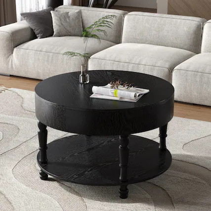 Front. Lirago - 32" Modern Round Coffee Table Black with Dual Storage Hidden Compartment Adjustable Leveling Feet - Black.