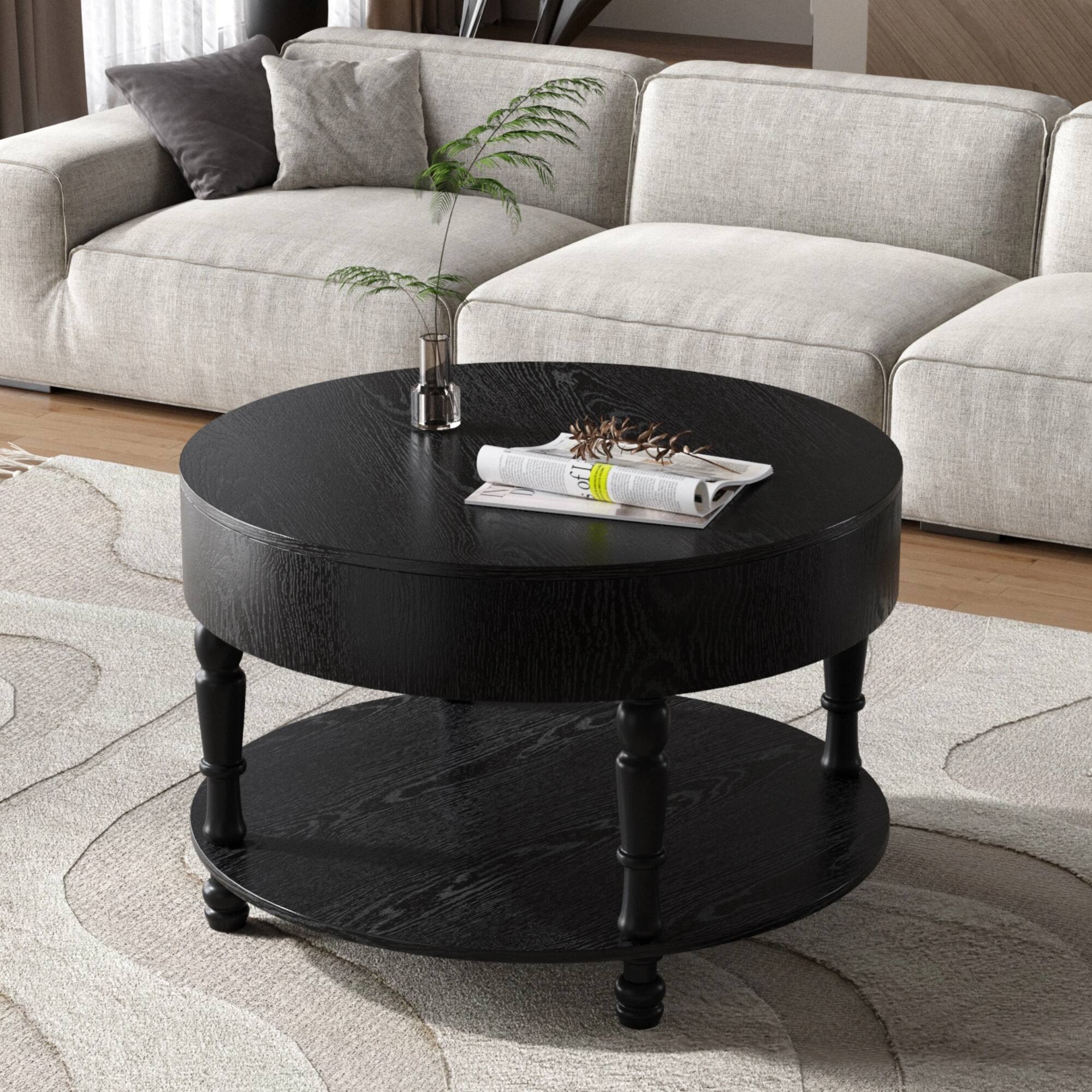 Front. Lirago - 32" Modern Round Coffee Table Black with Dual Storage Hidden Compartment Adjustable Leveling Feet - Black.