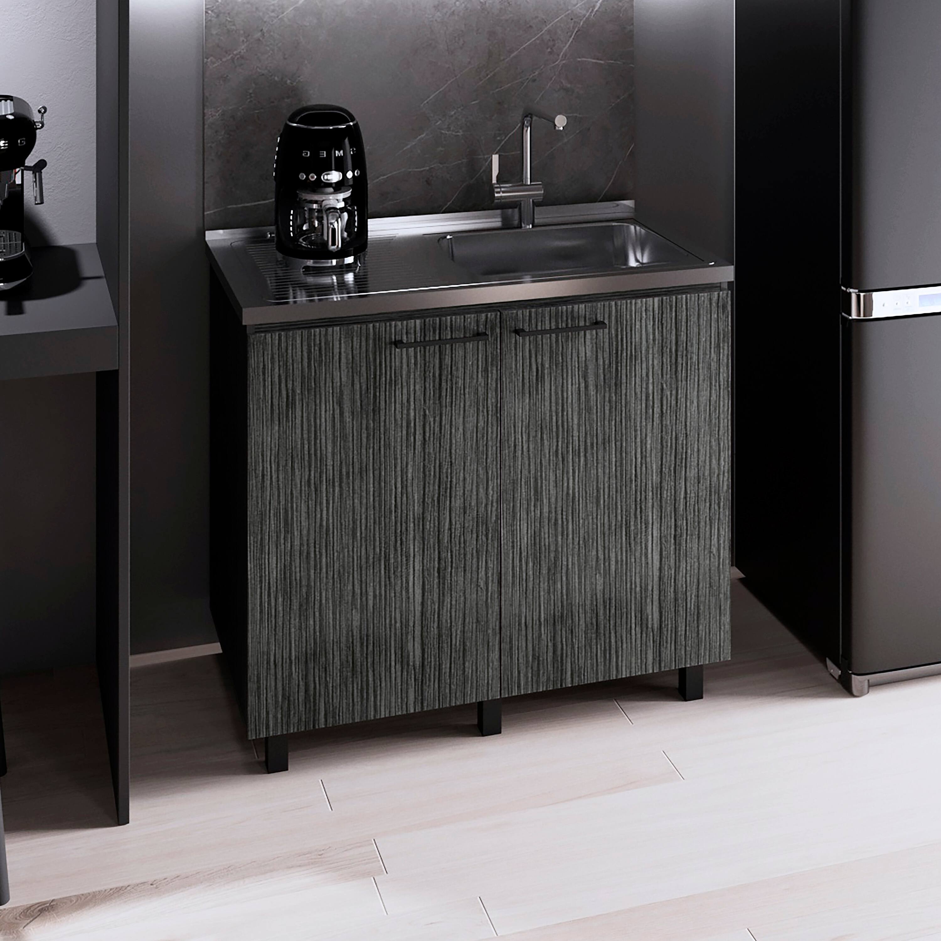 Left. TuHome - Napoles Utility Sink With Cabinet, Stainless Steel Countertop, With two Interior Shelf - Smokey Oak.