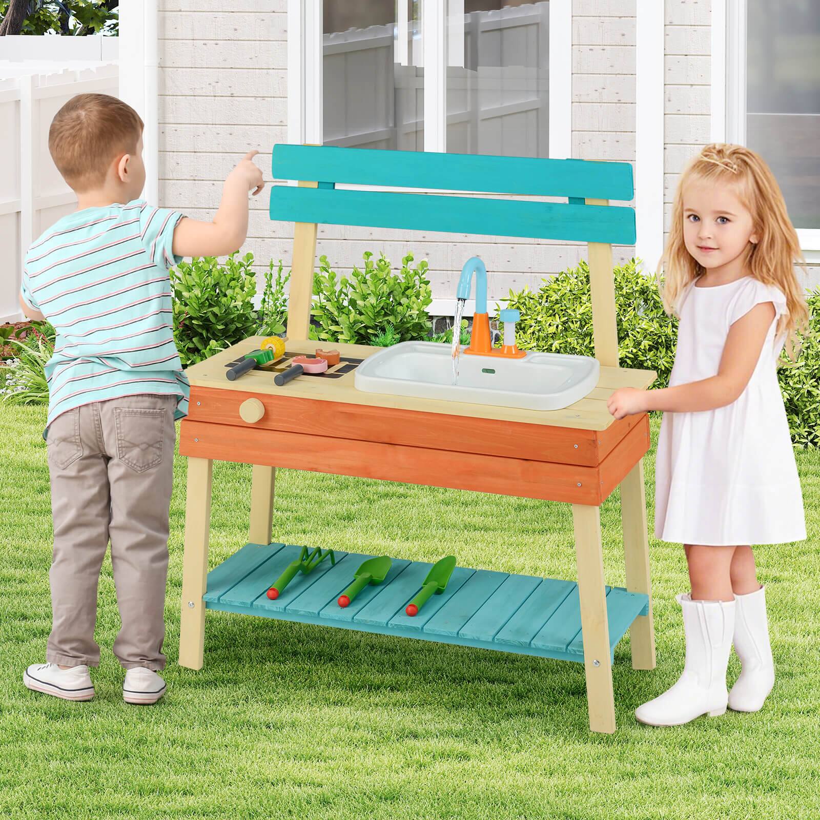 Alt View 1. Costway - Costway Play Kitchen for Kids Wooden Toy Kitchen Playset with Wood Skewers Grill Rack - Multicolor.