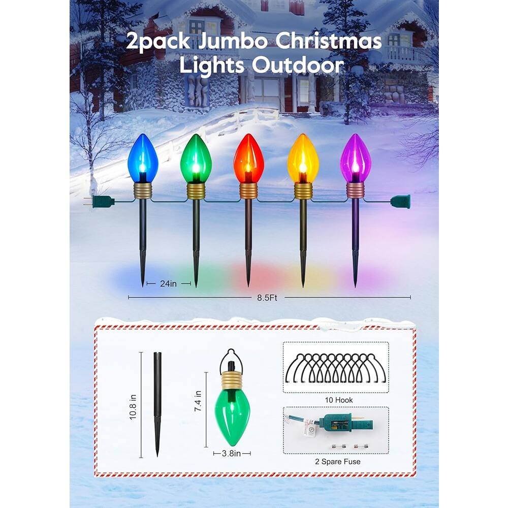 2pack Jumbo Christmas Lights Outdoor

- 24in
- 8.5Ft
- 10.8in
- 7.4in
- 3.8in
- 10 Hook
- 2 Spare Fuse