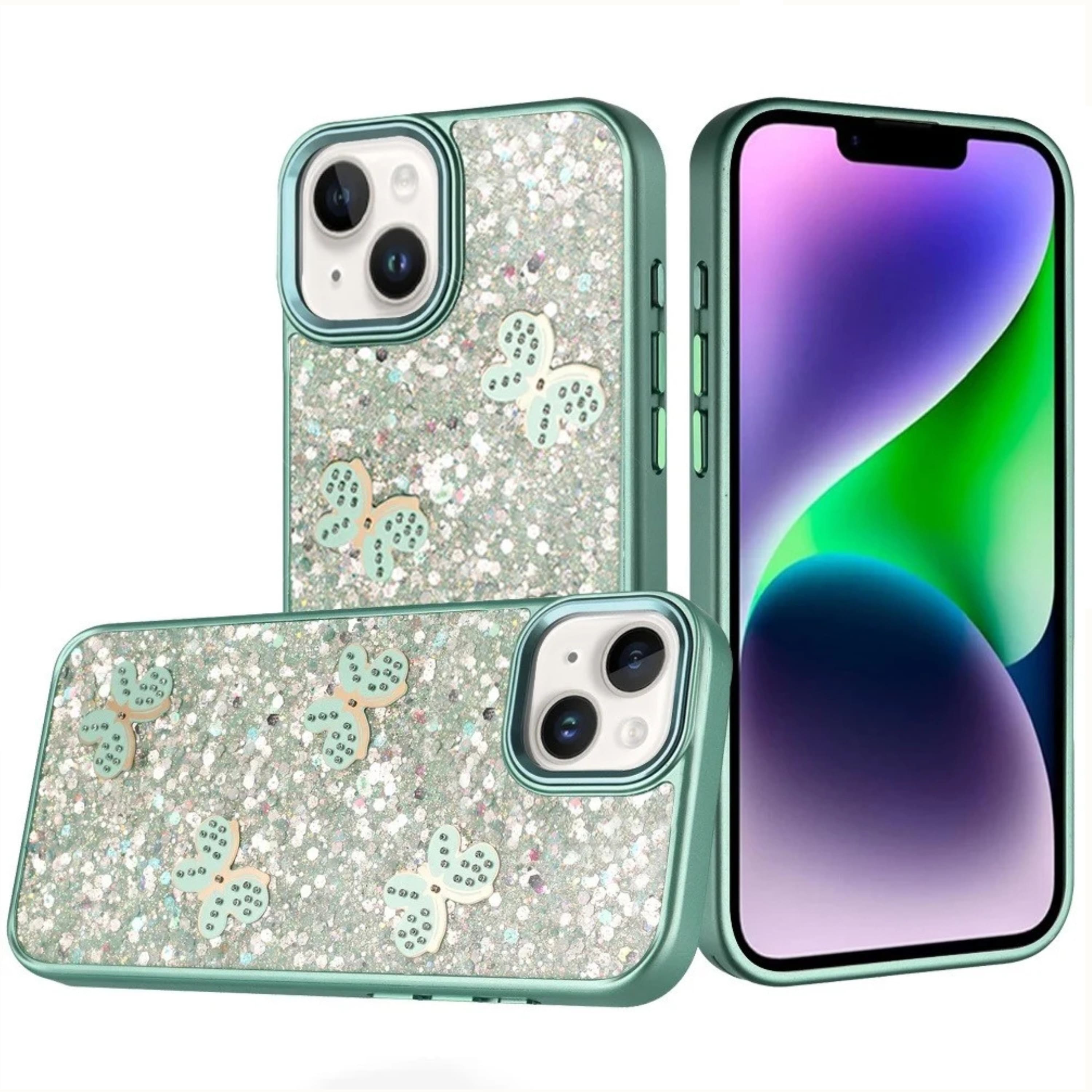 Kitcheniva - Cute Butterfly Glitter Protective Cover With Tempered Glass For iPhone 13 14 - Teal price history on PriceWatchPro