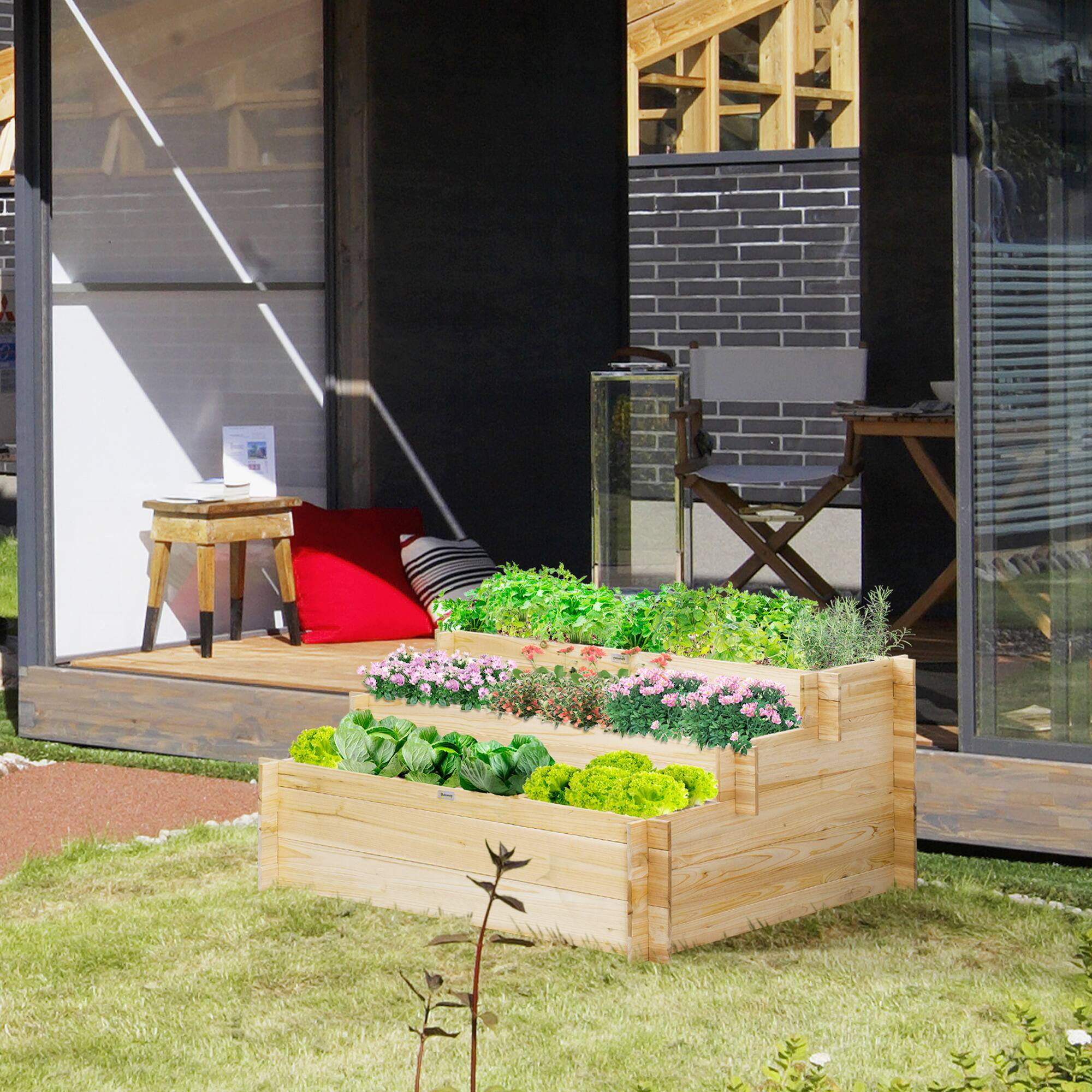 Alt View 1. Outsunny - 3 Tier Raised Garden Bed with 9 Grow Grids and Bed Liner, Elevated Wooden Planter Kit, Flower Box, 46 x 39 x 21in - Natural wood finish.