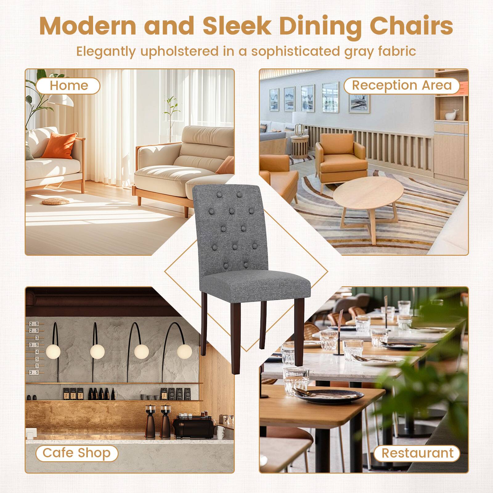 Modern and Sleek Dining Chairs  
Elegantly upholstered in a sophisticated gray fabric  

Home  
Reception Area  
Cafe Shop  
Restaurant