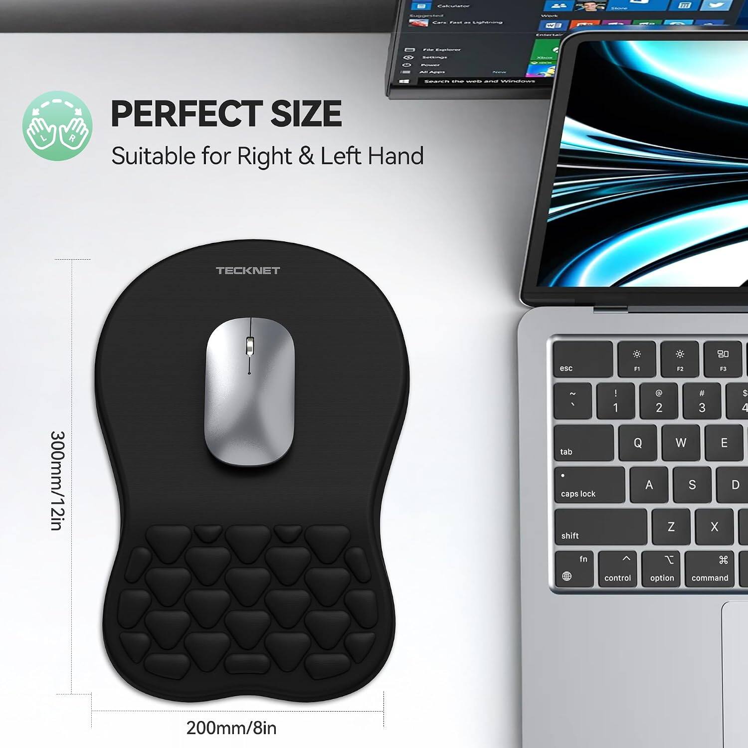 Calculator  
Suggested Cars Face! as Lightning  
www.  
File Explores  
Medings  
Power  
Apps  
News  
Search the weits and WIRKNOWS  
PERFECT SIZE Suitable for Right & Left Hand  
TECKNET  
300mm/12in  
80 esc F1 F2 F3 | @ # $ 1 2 3 4 Q W E tab - A S D caps lock Z X shift fn I control option command  
200mm/8in