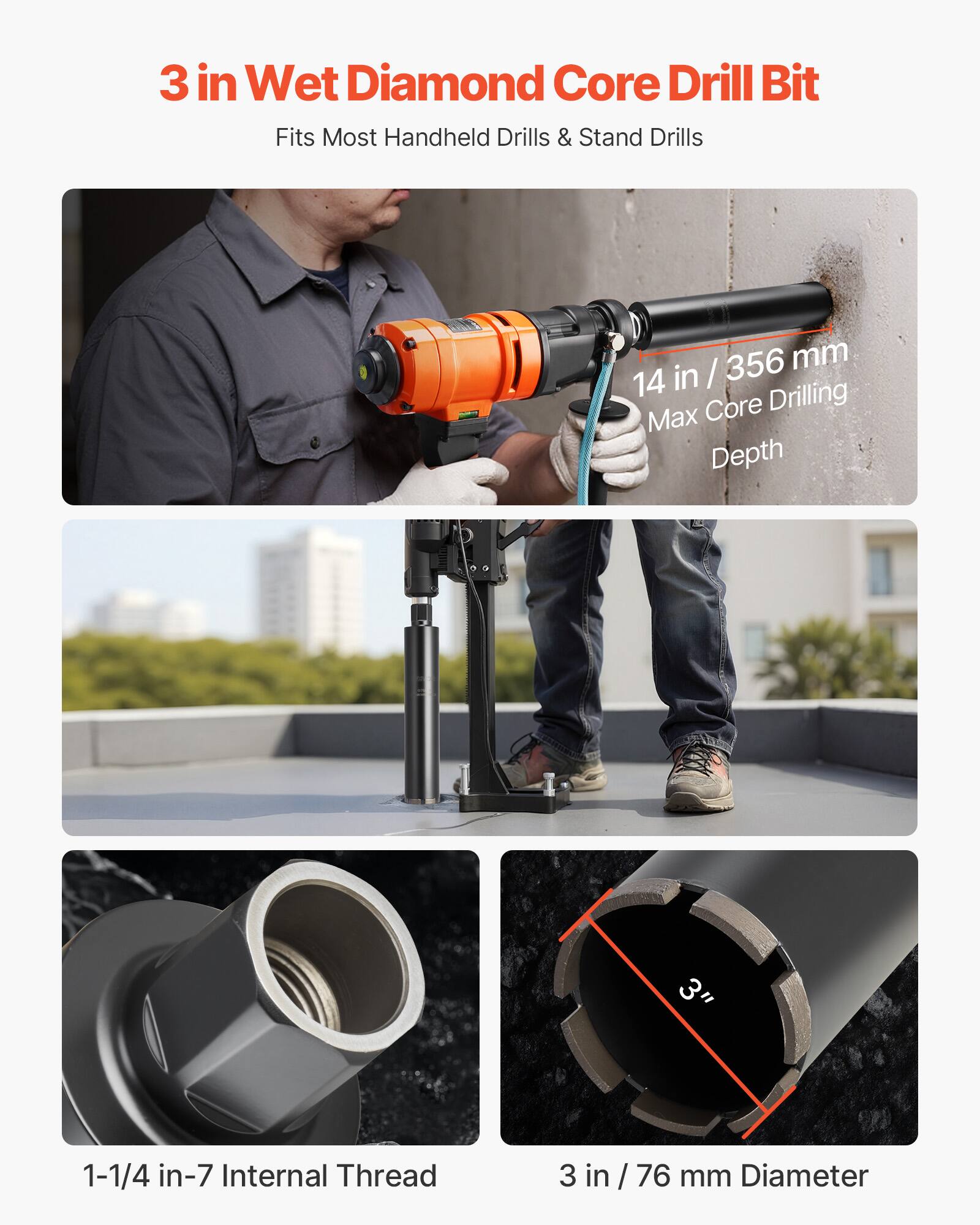 3 in Wet Diamond Core Drill Bit  
Fits Most Handheld Drills & Stand Drills  

- 14 in / 356 mm Max Core Drilling Depth  
- 1-1/4 in-7 Internal Thread  
- 3 in / 76 mm Diameter