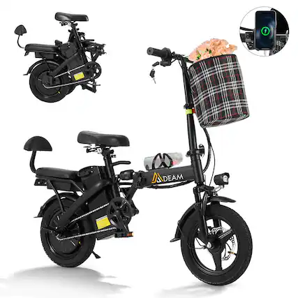 Front. U-HOMY - Mdeam Foldable Electric Bike – 500W Motor, 14" 2-Seater for Adults & Teens - Black.