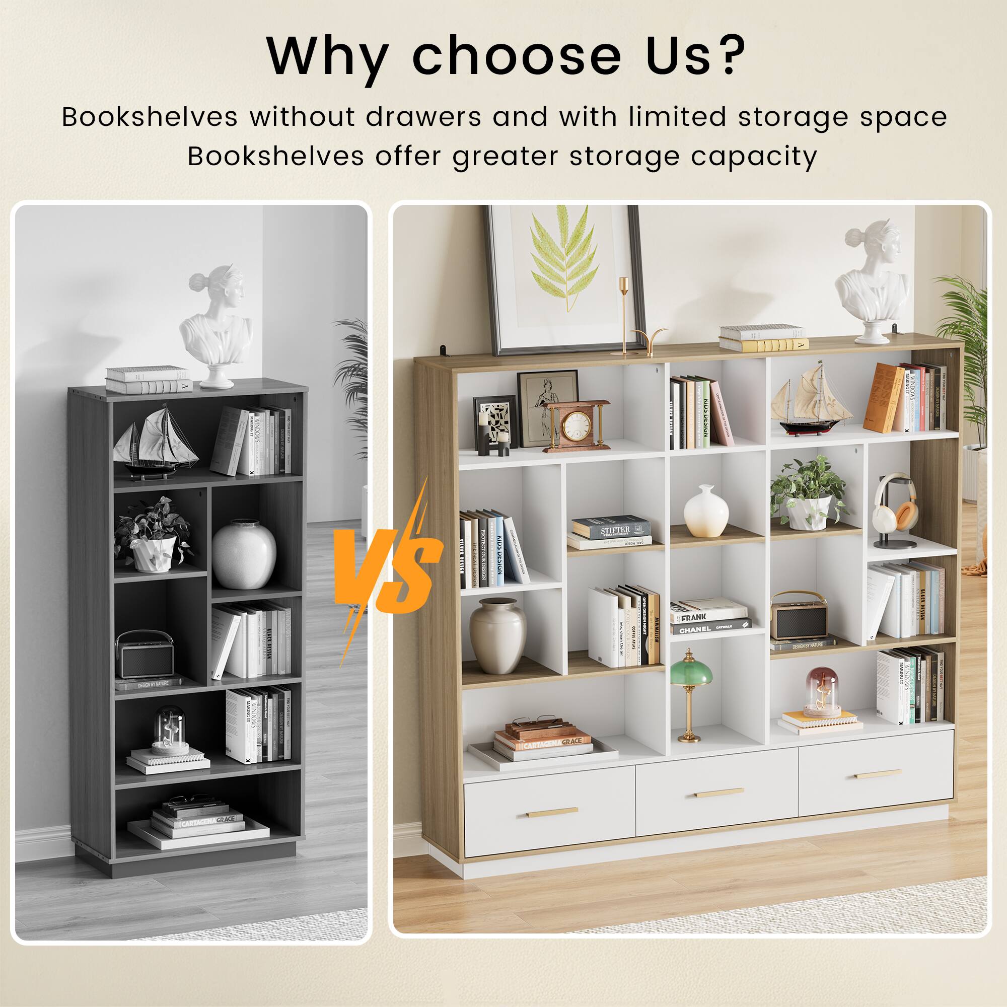 Why choose Us?  
Bookshelves without drawers and with limited storage space  
Bookshelves offer greater storage capacity