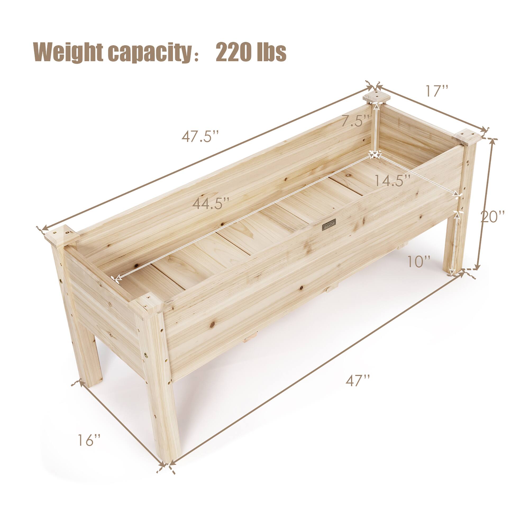 Weight capacity: 220 lbs

- 17"
- 47.5"
- 7.5"
- 44.5"
- 14.5"
- 20"
- 10"
- 47"
- 16"