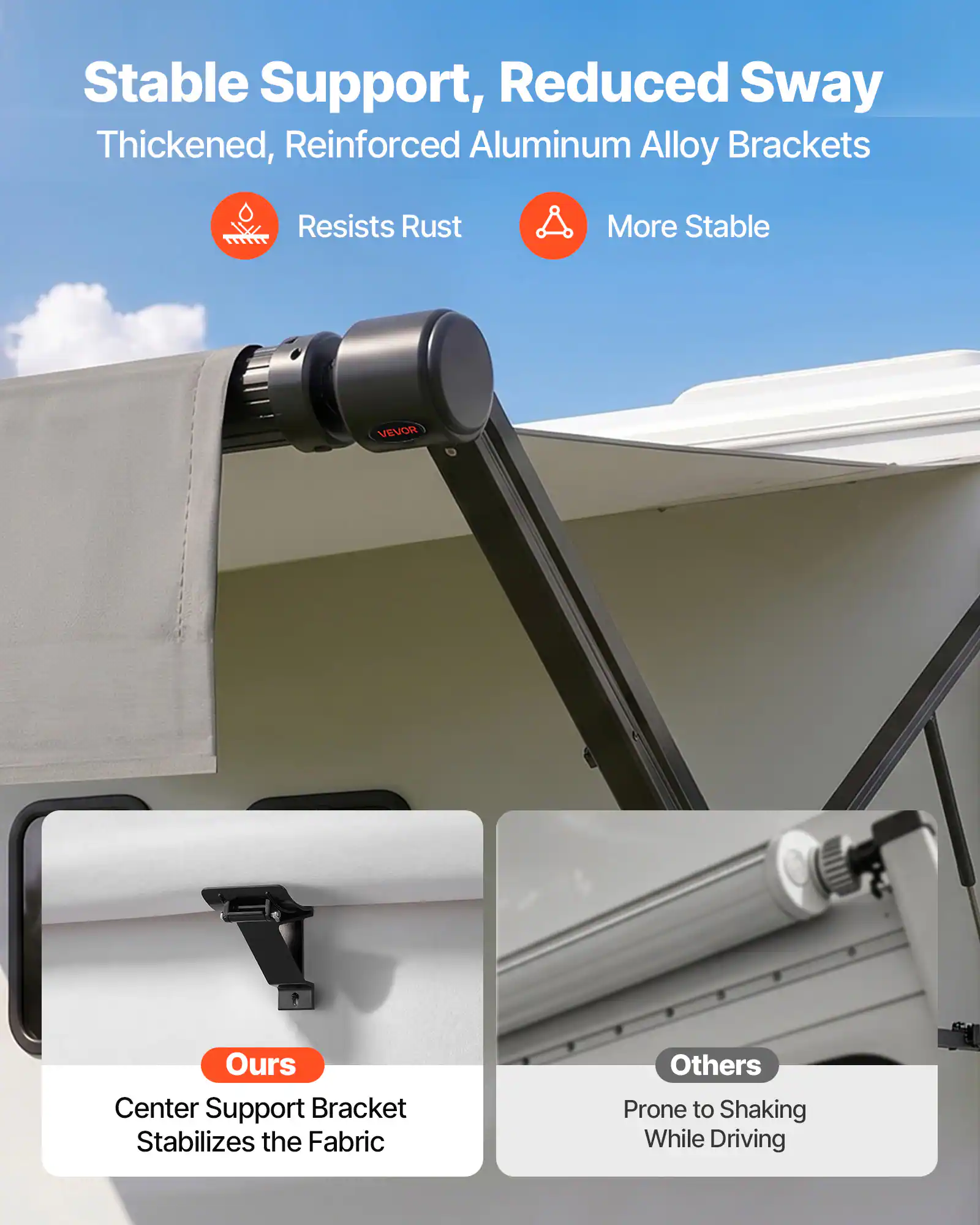 Stable Support, Reduced Sway  
Thickened, Reinforced Aluminum Alloy Brackets  
Resists Rust  
More Stable  

Ours  
Center Support Bracket Stabilizes the Fabric  

Others  
Prone to Shaking While Driving